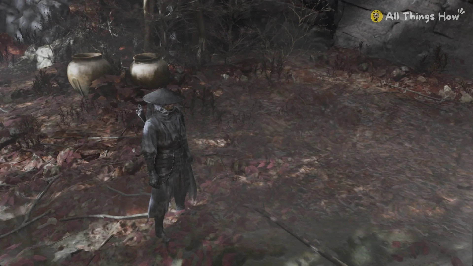 Soul on the leaf-covered misty path beside two clay jars in Crimson Forest, Phantom Blade Zero