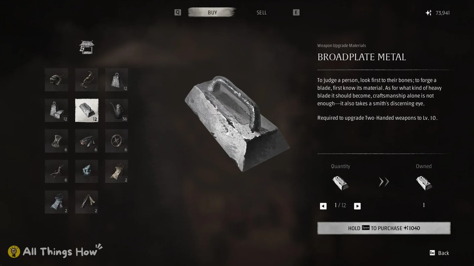 Quick Hand Zhang's Buy tab with Broadplate Metal selected for 1,040 Remnant Dust, Phantom Blade Zero