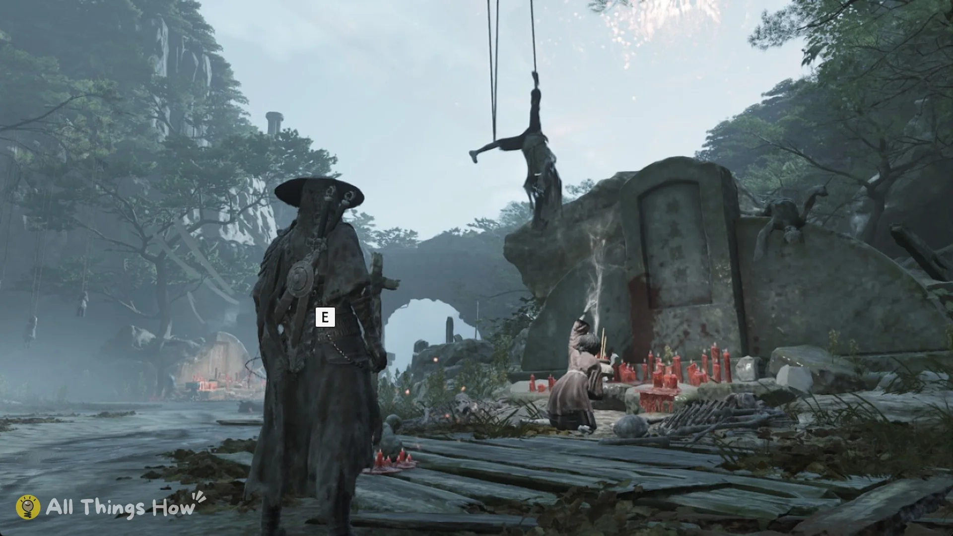 Soul beside the wooden cross by the gravestone shrine with the E prompt for the Burial Grounds bell, Phantom Blade Zero
