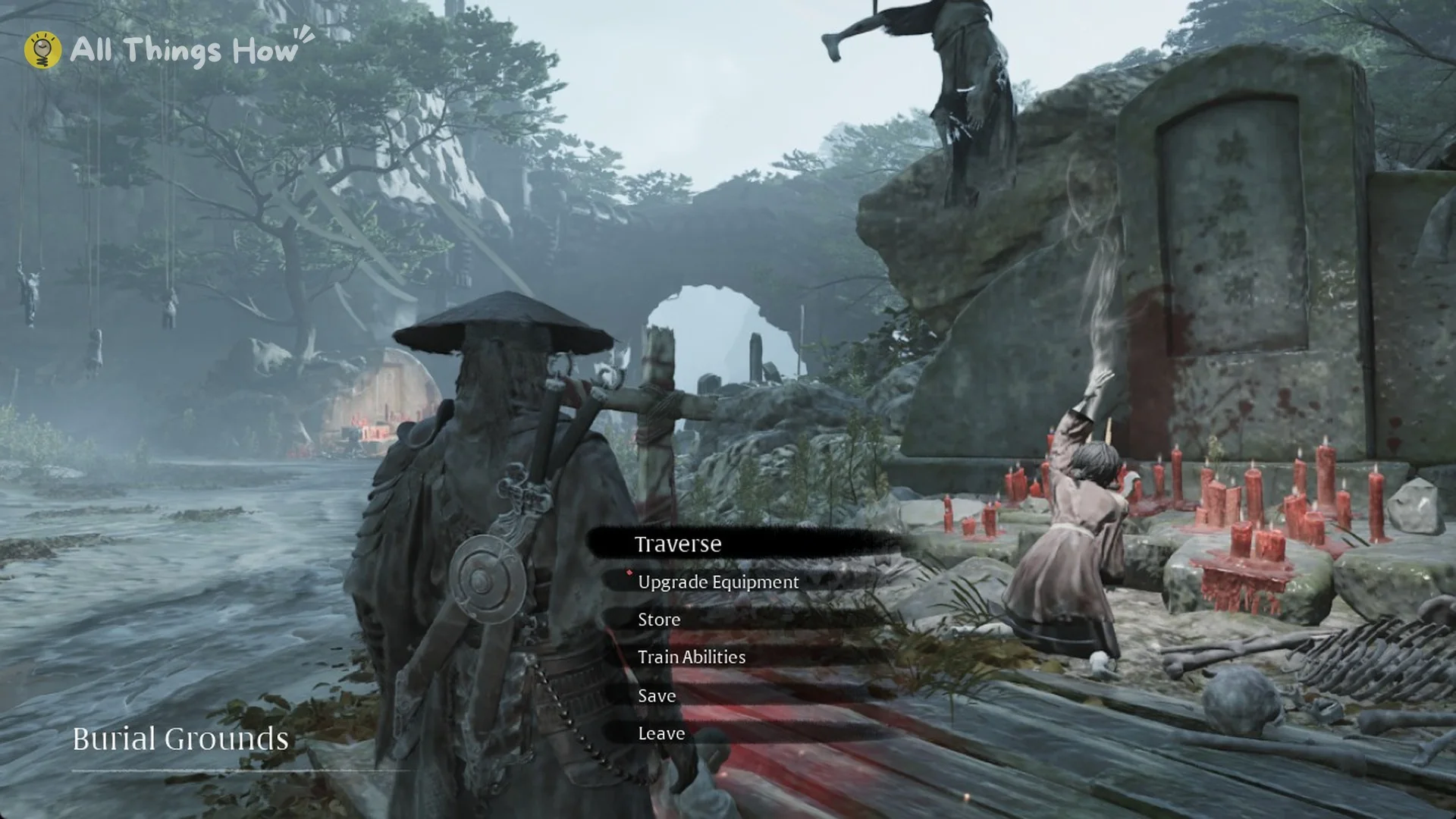 The Burial Grounds bell menu with Traverse, Upgrade Equipment, Store, Train Abilities, Save and Leave, Phantom Blade Zero
