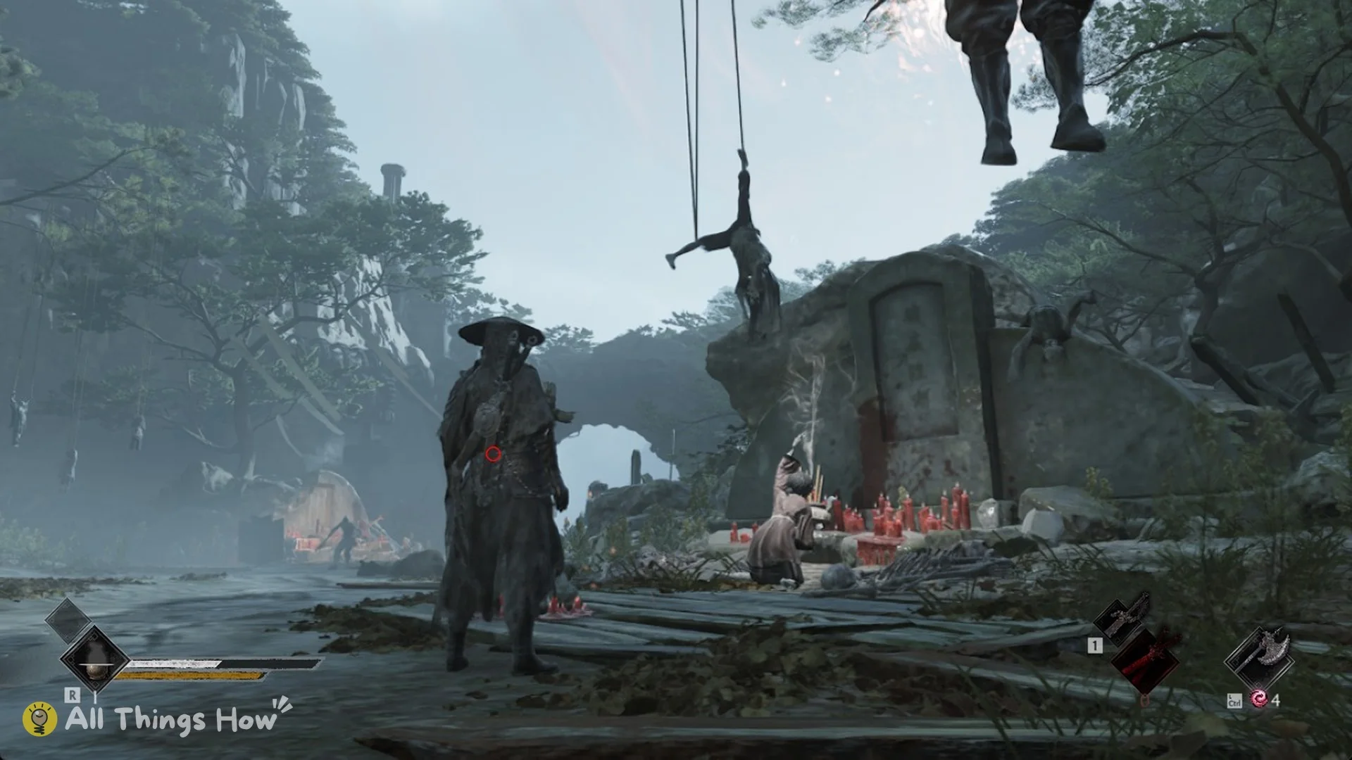 The Burial Grounds clearing with bodies hanging from the trees, a stone arch and a gravestone shrine with red candles, Phantom Blade Zero