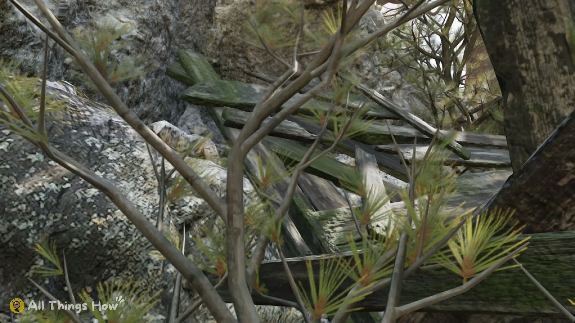 A broken pile of old wooden planks behind thick bushes on the way to the Burial Grounds, Phantom Blade Zero