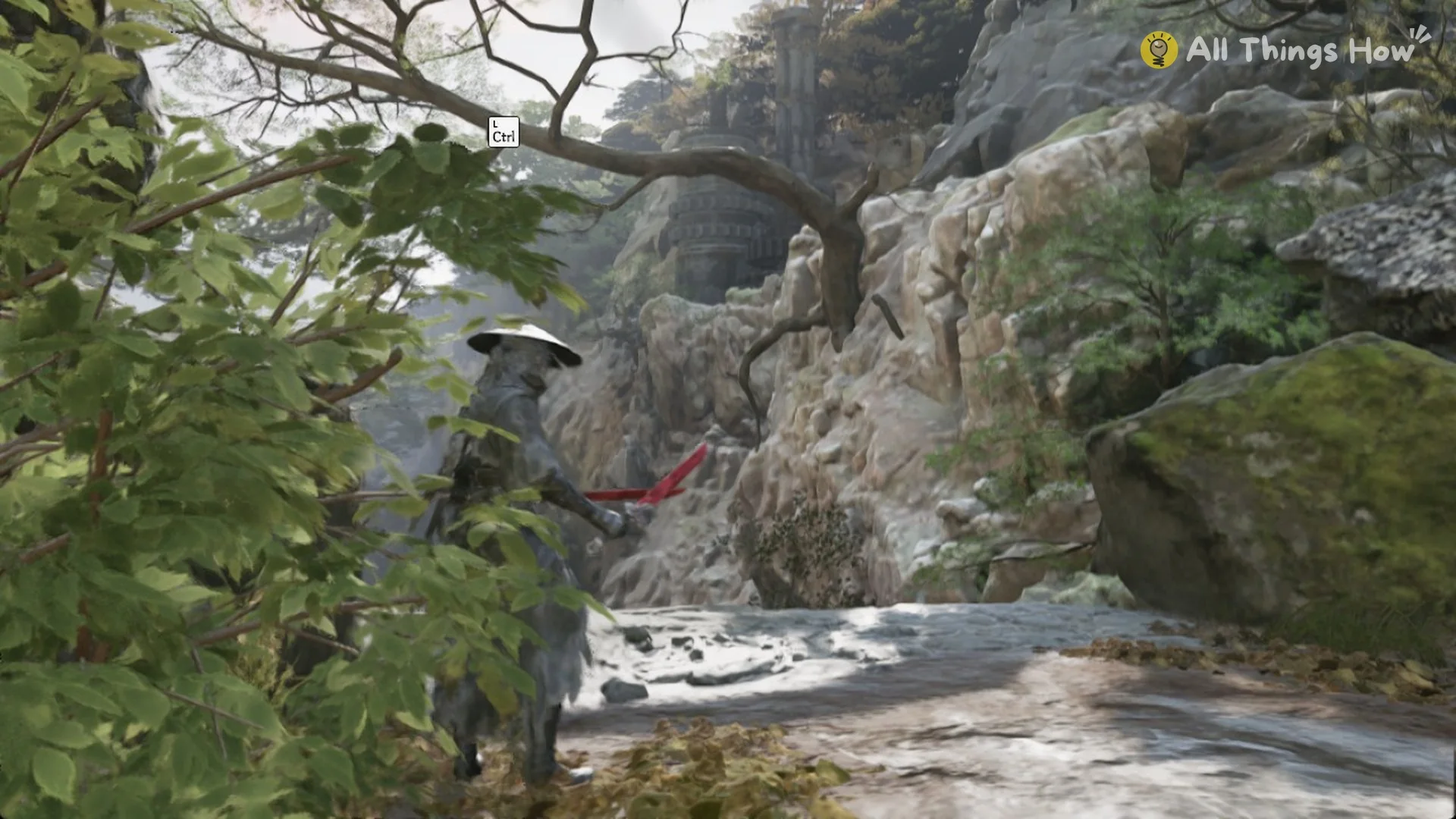 Soul on the pale stone stream bed under an overhanging branch with the L Ctrl grapple prompt, Phantom Blade Zero
