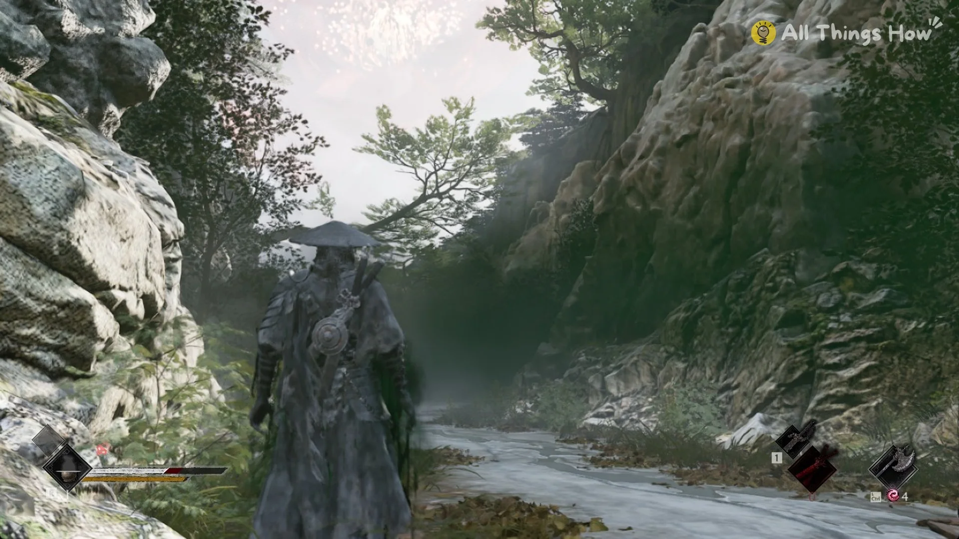 Soul walking the gorge road with green poison mist hanging over it, Phantom Blade Zero