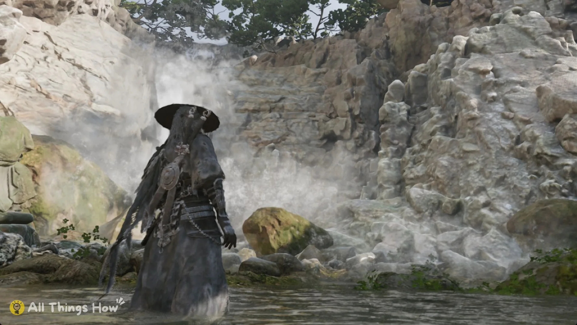 Soul standing in the misty waterfall pool at the side of the creek basin near the Mirrorwood Long Pillar bell, Phantom Blade Zero