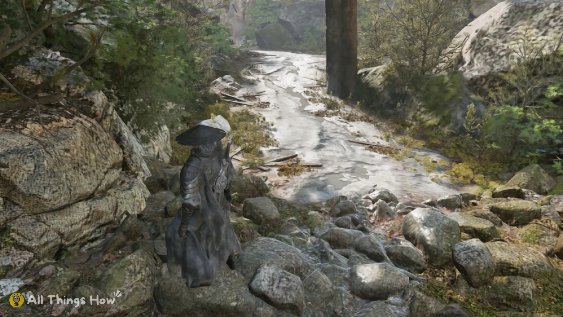 Soul on the rocky wooded ledge by the waterfall pool with a pale stone path visible beyond, Phantom Blade Zero
