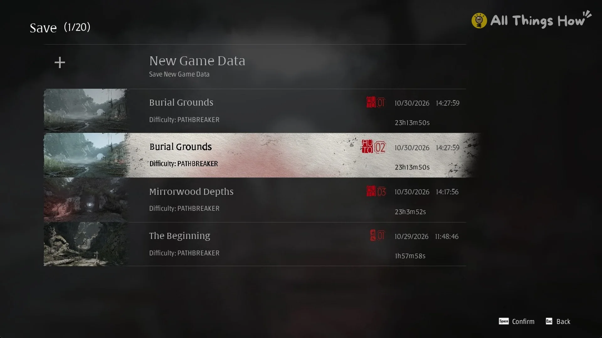 The save list with autosave entries named Burial Grounds, Phantom Blade Zero