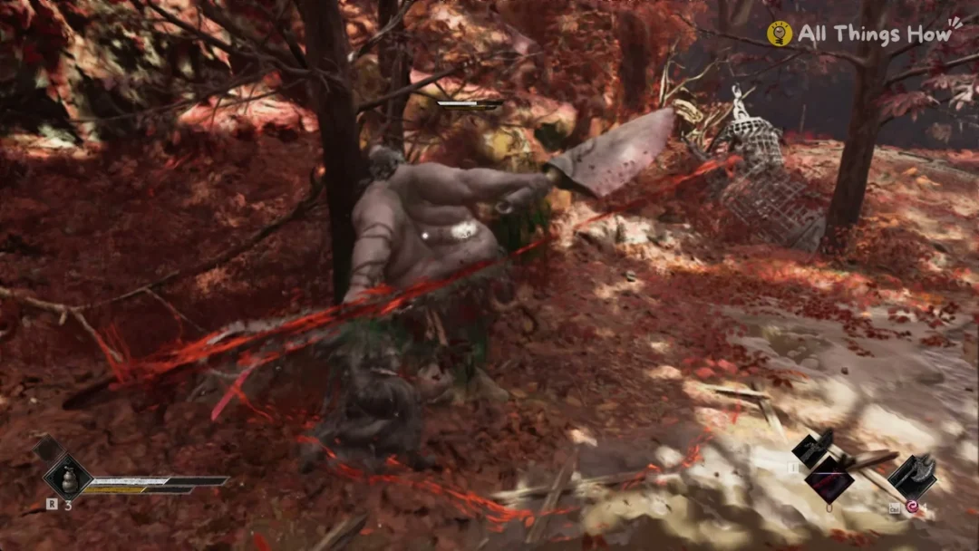 The Butcher raising his cleaver over Soul on a Crimson Forest path in Phantom Blade Zero
