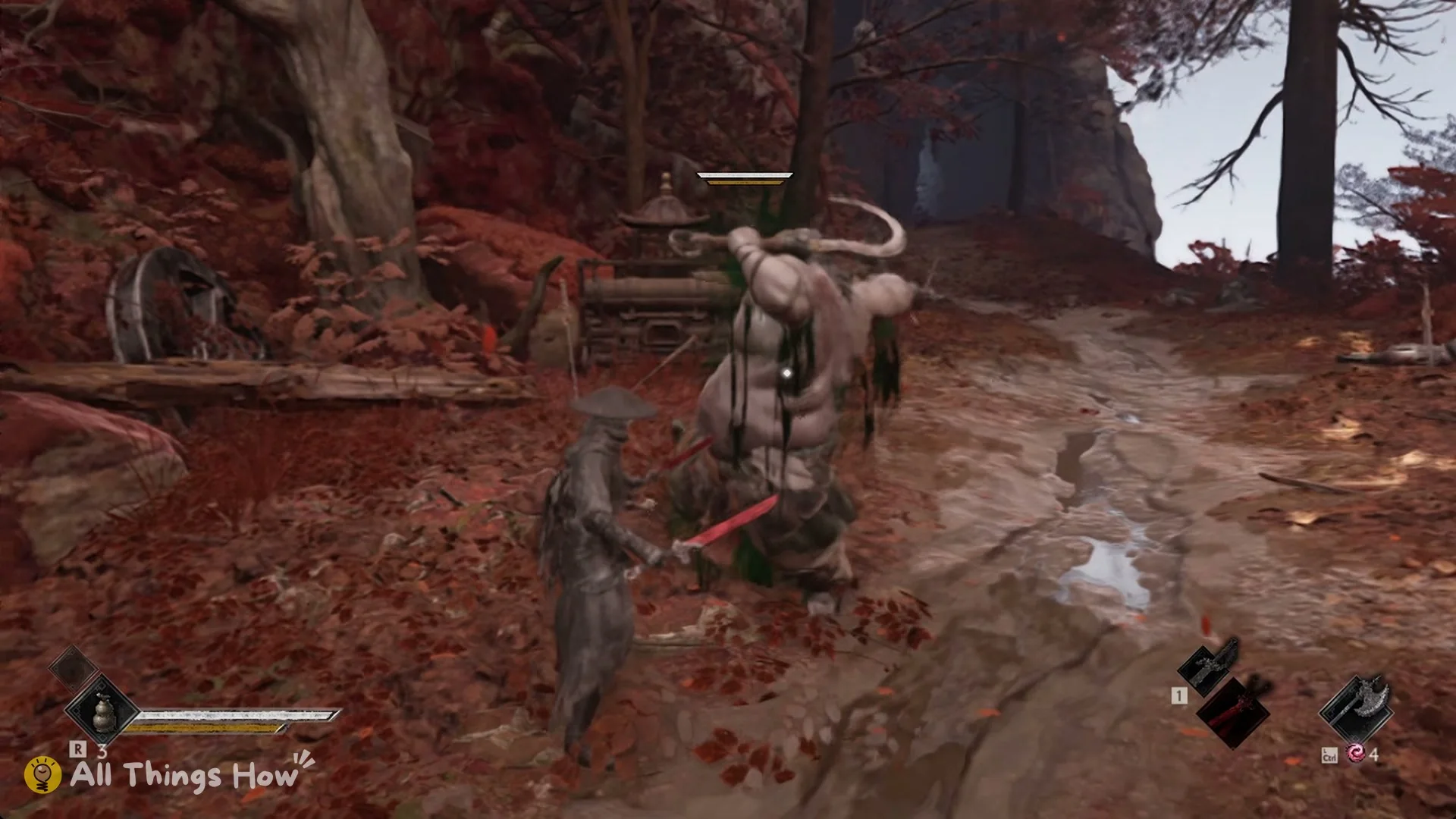 The Butcher with his meat hook raised and cleaver in hand facing Soul in the Crimson Forest
