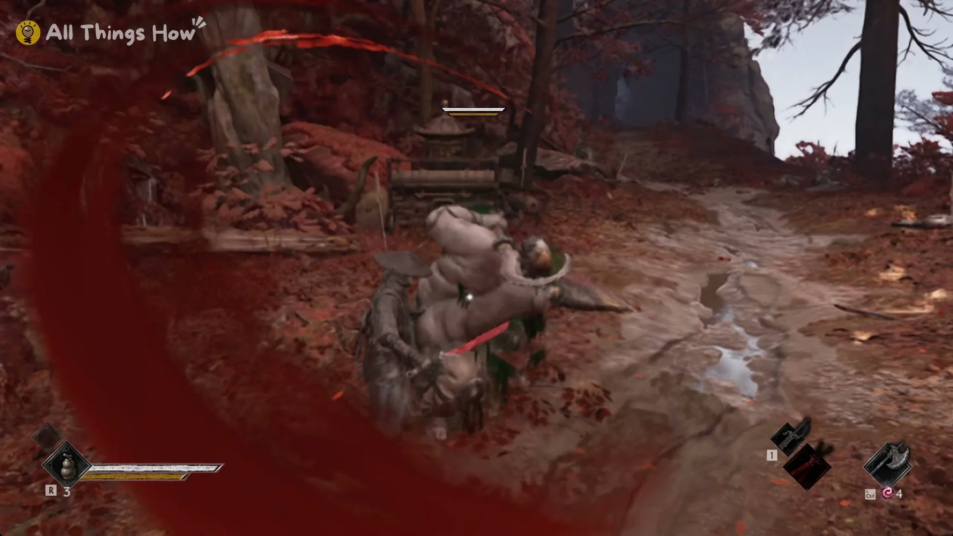 Red arc trail of the Butcher's red-flash cleaver sweep in Phantom Blade Zero