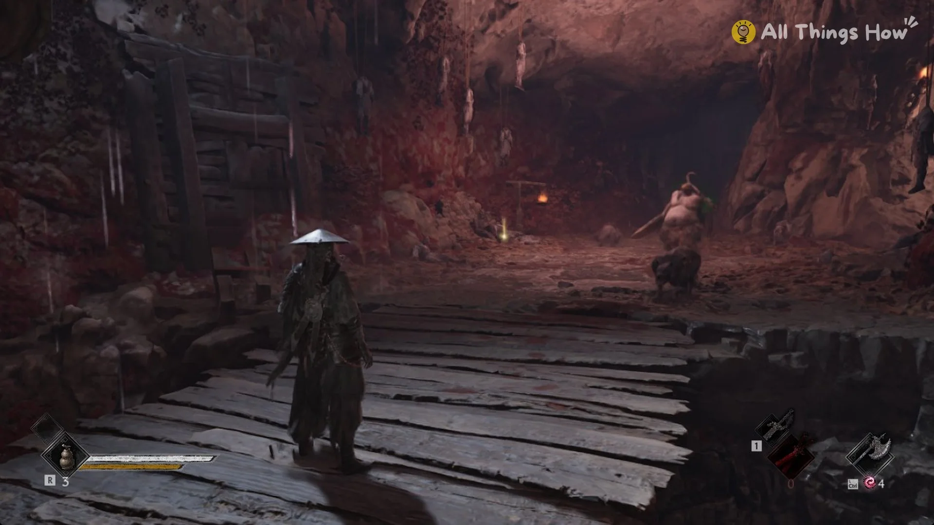 The Butcher standing by a lantern at the end of the plank walkway in his Crimson Forest yard