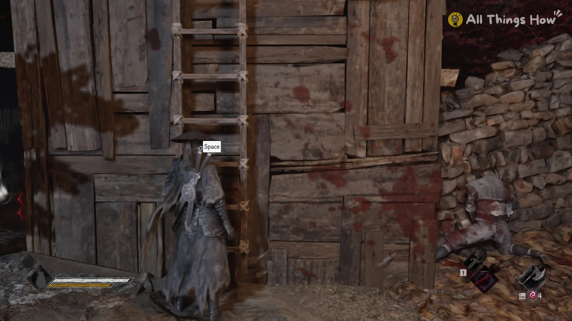 Ladder with its Space prompt in the cave area below the bandit camp in Phantom Blade Zero