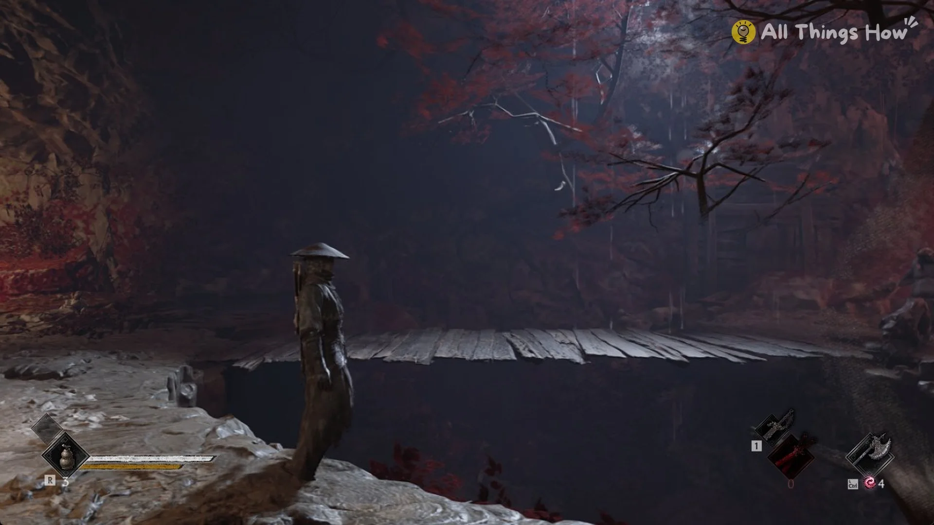 Ledge by the ladder foot with the drop into the hound pit and a walkway beyond in Phantom Blade Zero