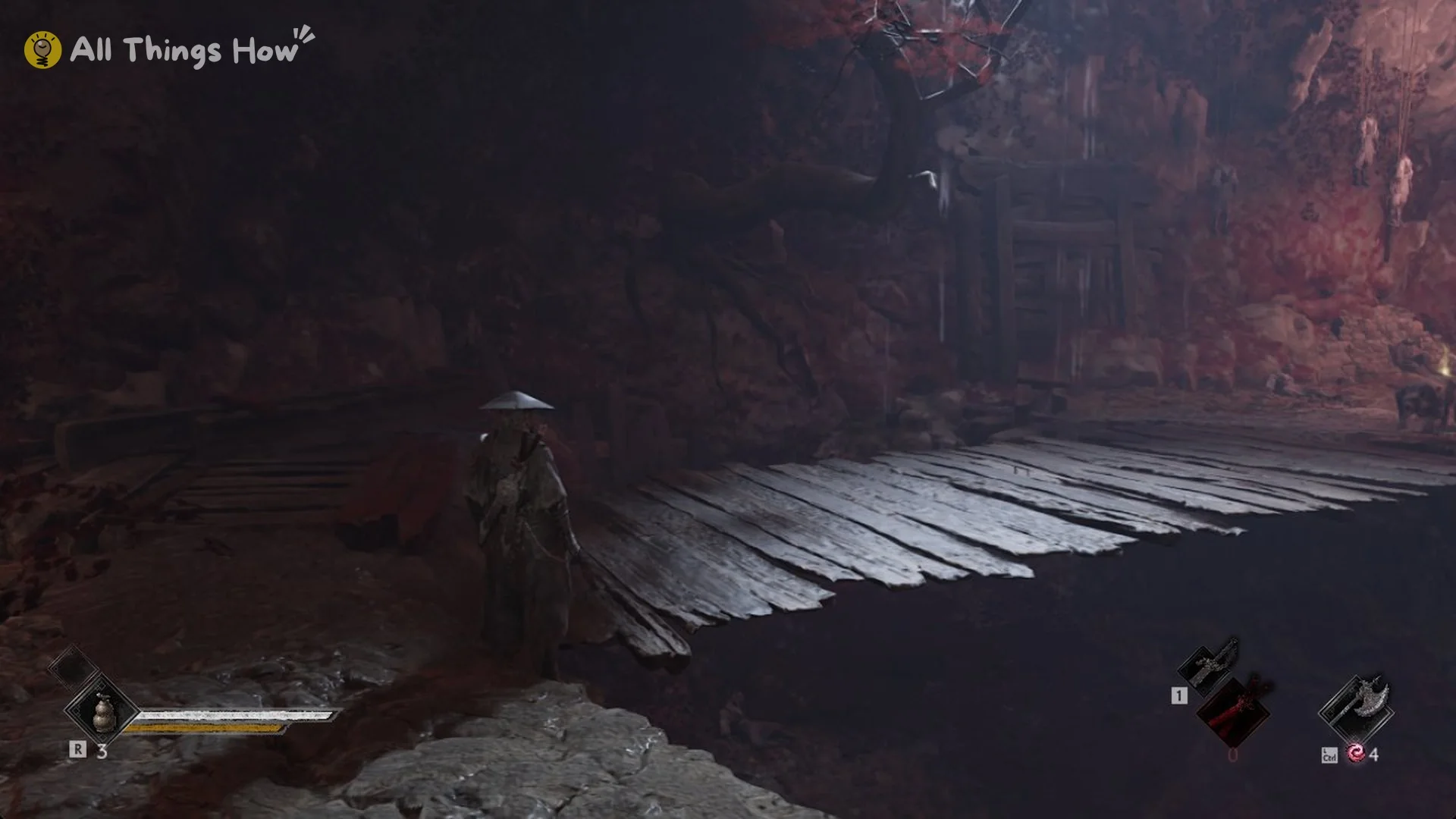 Soul on the wooden plank walkway over the hound pit in the Crimson Forest in Phantom Blade Zero
