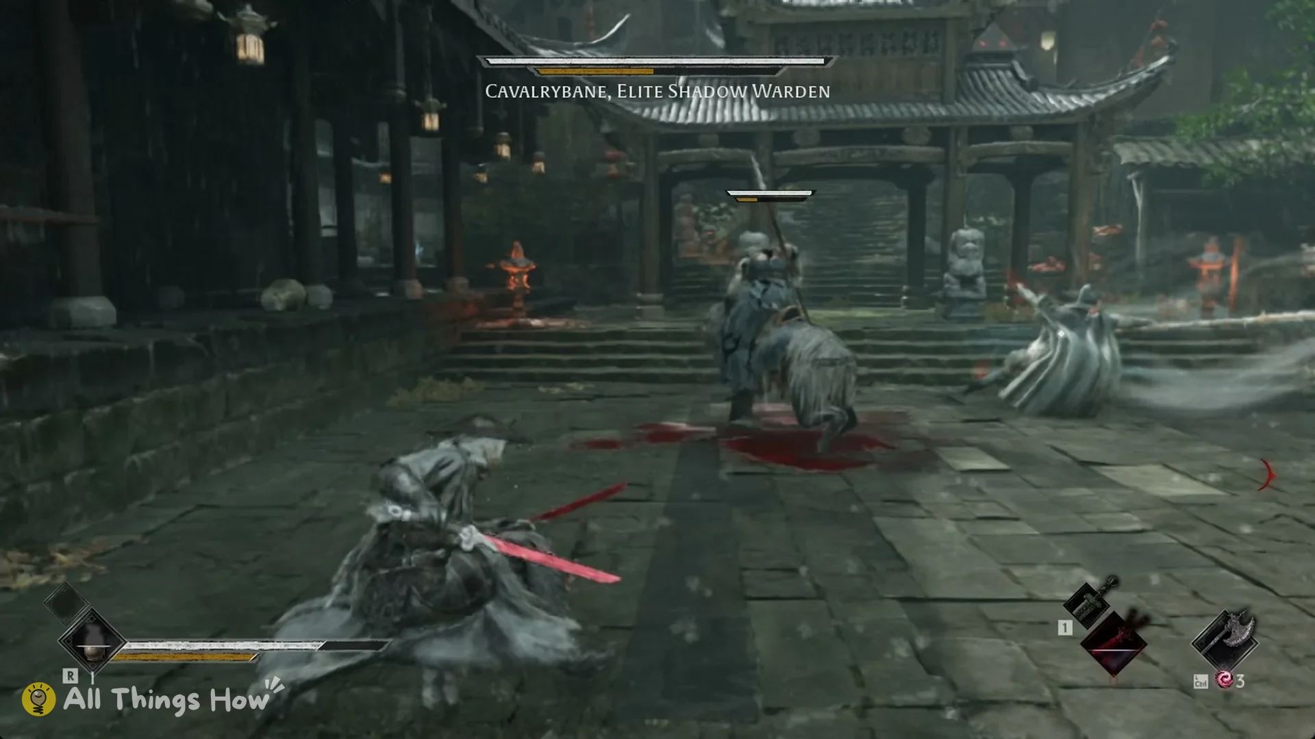 Cavalrybane, Elite Shadow Warden and a mounted spearman outside the tavern gate in Phantom Blade Zero