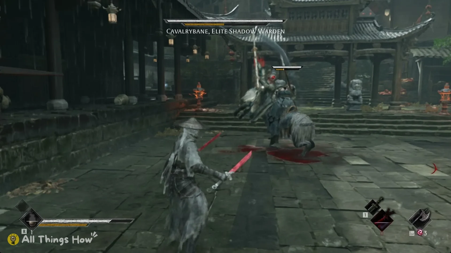 Cavalrybane leaping in with his glaive raised in Phantom Blade Zero