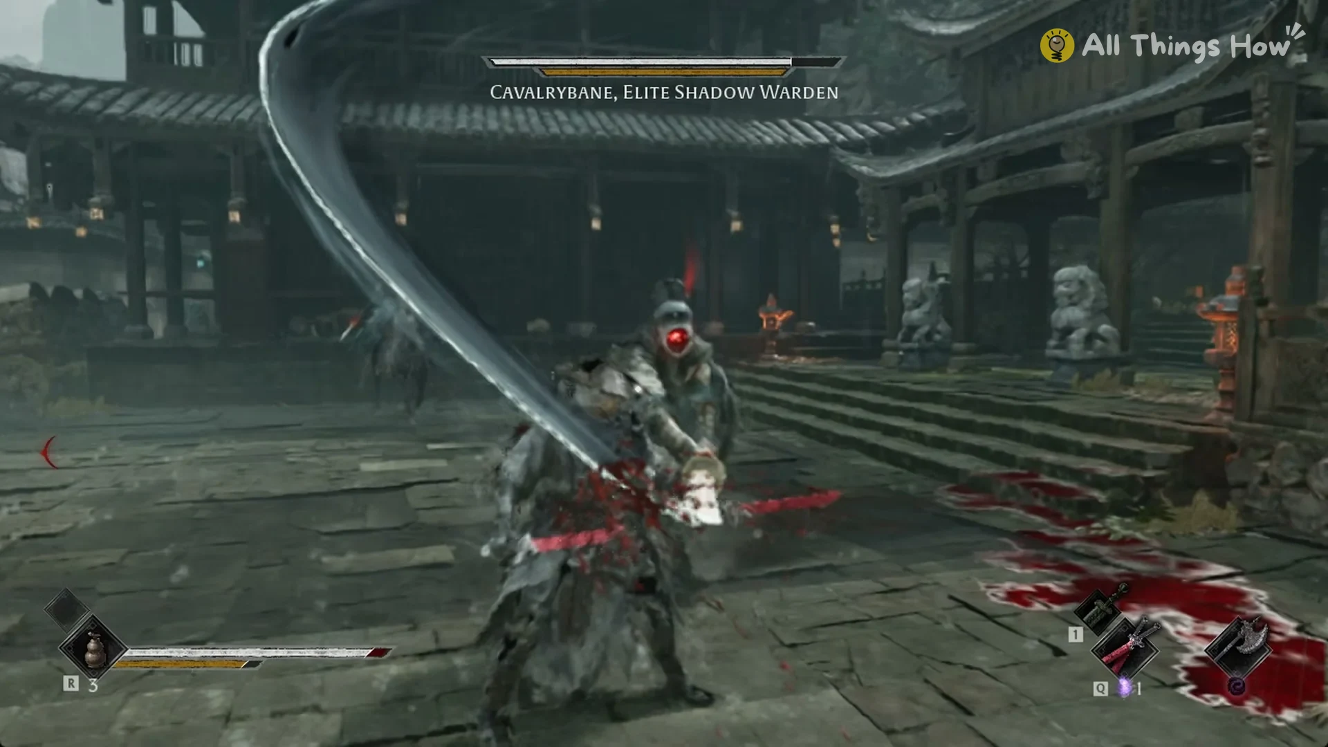 Cavalrybane swinging his glaive overhead in a crescent arc in Phantom Blade Zero