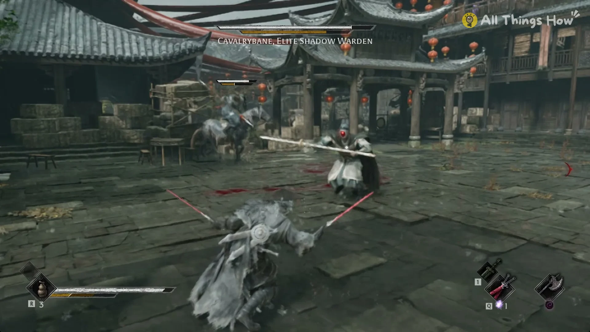 Cavalrybane crouched low with his glaive level and a red glow on his helmet in Phantom Blade Zero