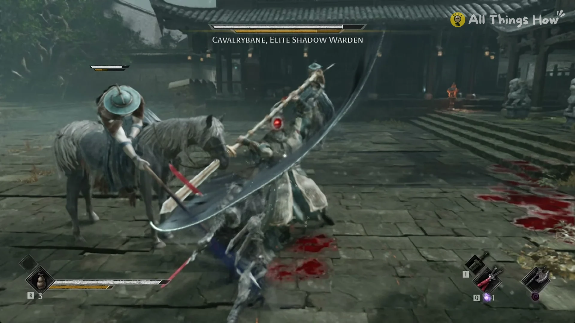 Cavalrybane, Elite Shadow Warden swinging his glaive beside a mounted spearman in Phantom Blade Zero