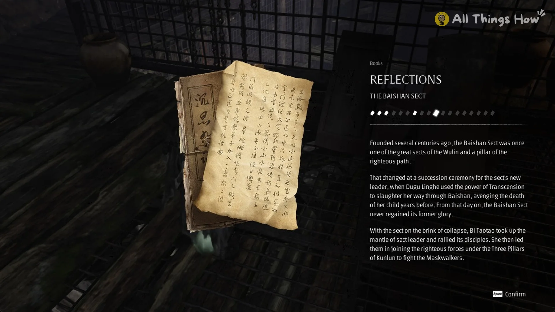 Reflections: The Baishan Sect book card found in the Crimson Forest cellar in Phantom Blade Zero