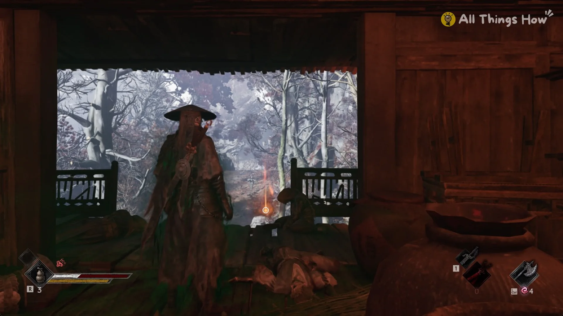 Soul on the balcony side of the shrine hall at the orange glint of the Crimson Forest Cellar Crank in Phantom Blade Zero