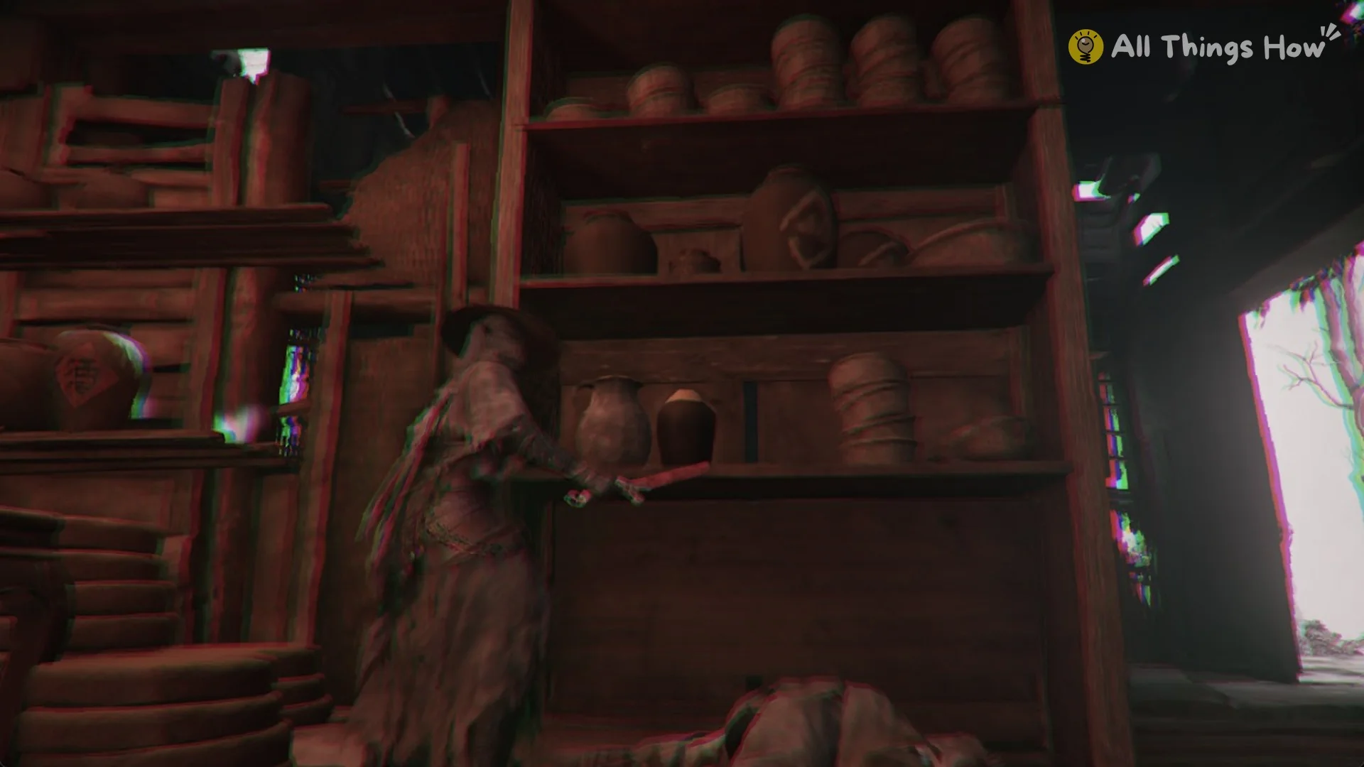 Shelves of clay jars in the poisoned shrine hall of the Crimson Forest cabin in Phantom Blade Zero