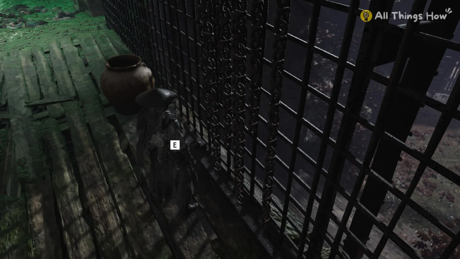 Soul at the Remnant Dust heap beside the iron grille in the Crimson Forest cellar with the E prompt, Phantom Blade Zero