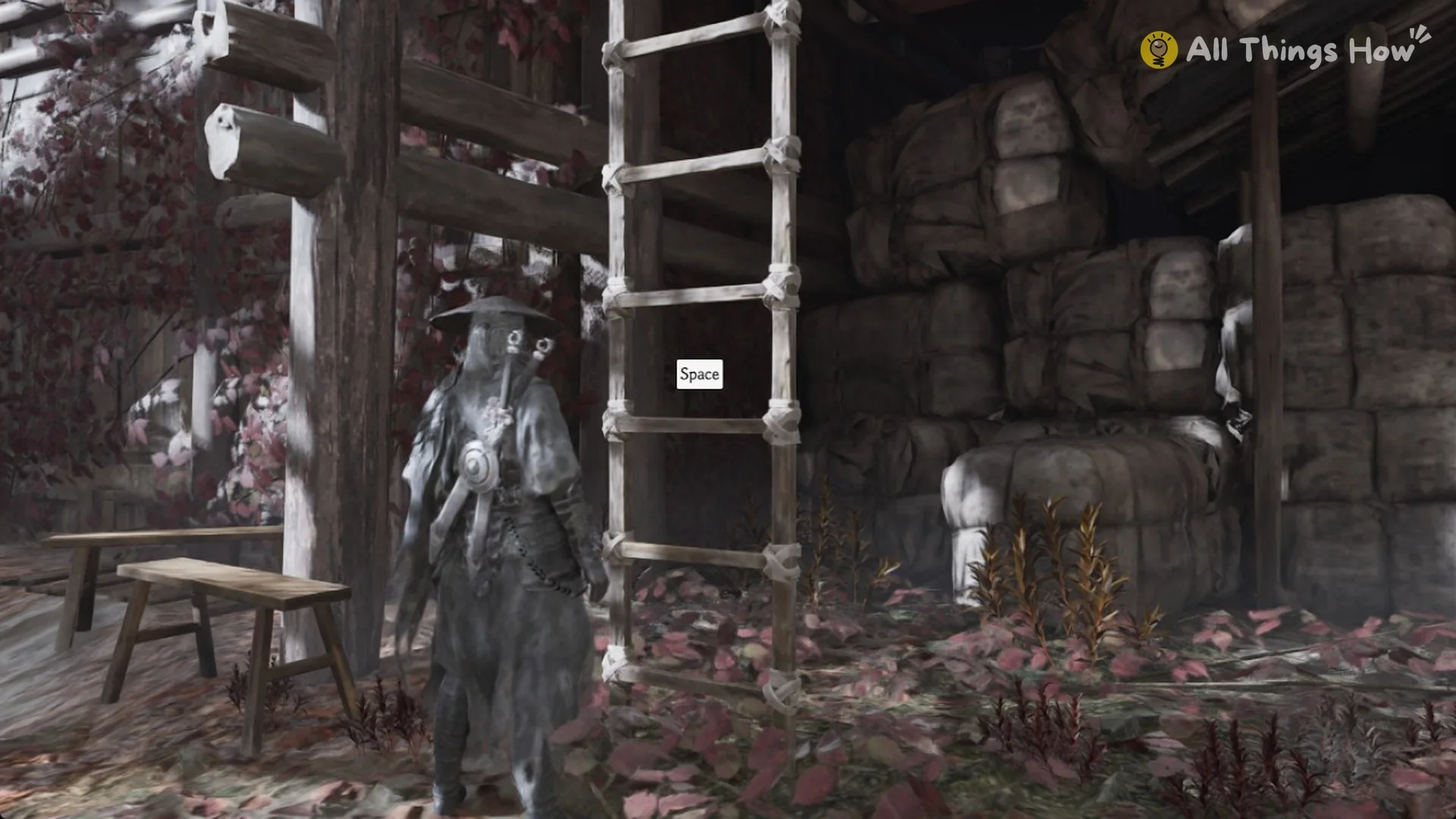 Soul at the ladder on the cabin wall next to the Cliffside Lodge bell with the Space prompt in Phantom Blade Zero