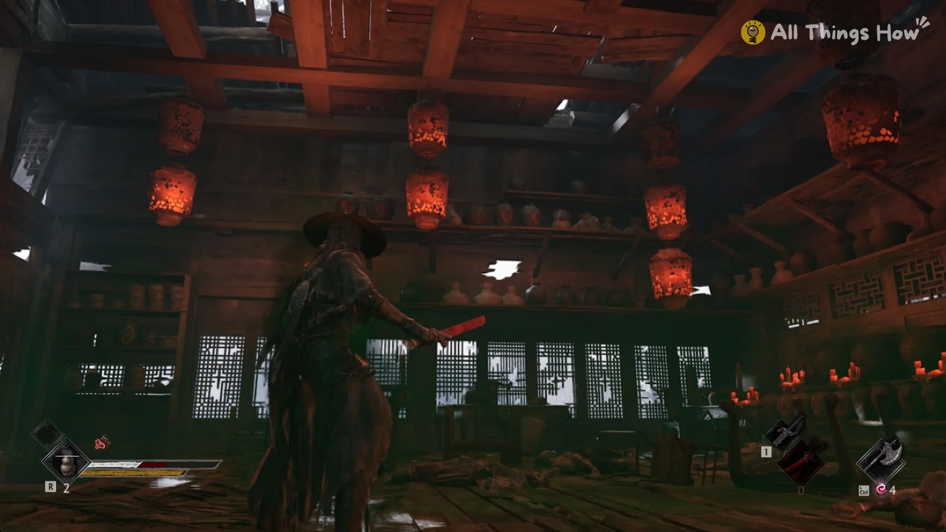 The poison-filled shrine hall with red hanging lanterns and shelves of clay jars in Phantom Blade Zero