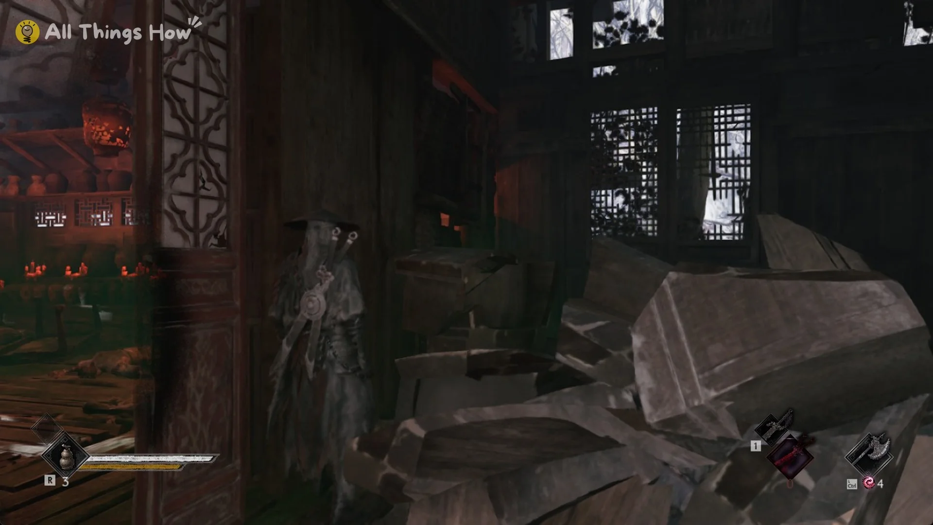 Soul on the upper floor of the Crimson Forest cabin among lattice windows and broken furniture in Phantom Blade Zero