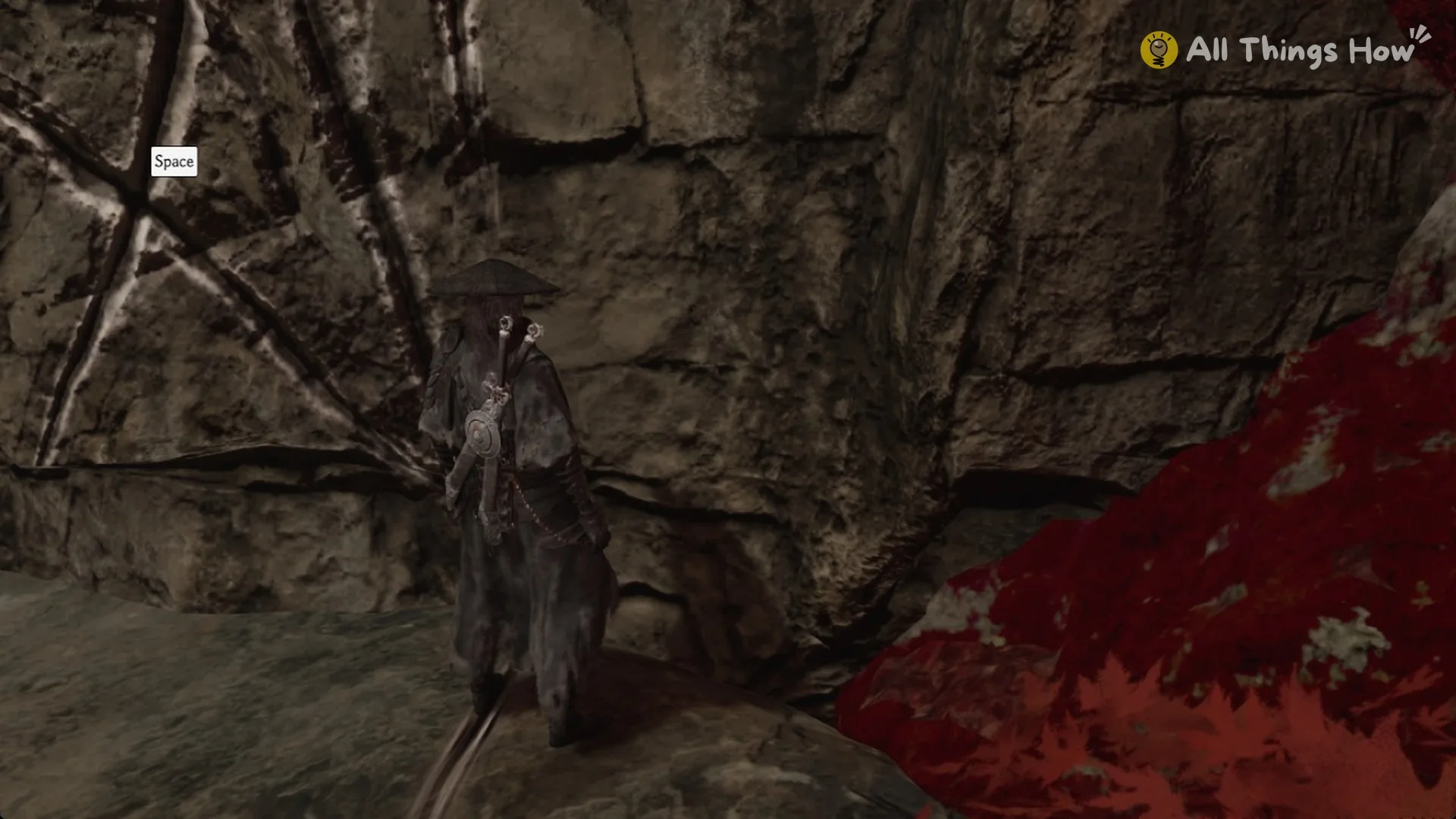 Second X-scratched rock wall with a Space prompt in the Crimson Forest in Phantom Blade Zero