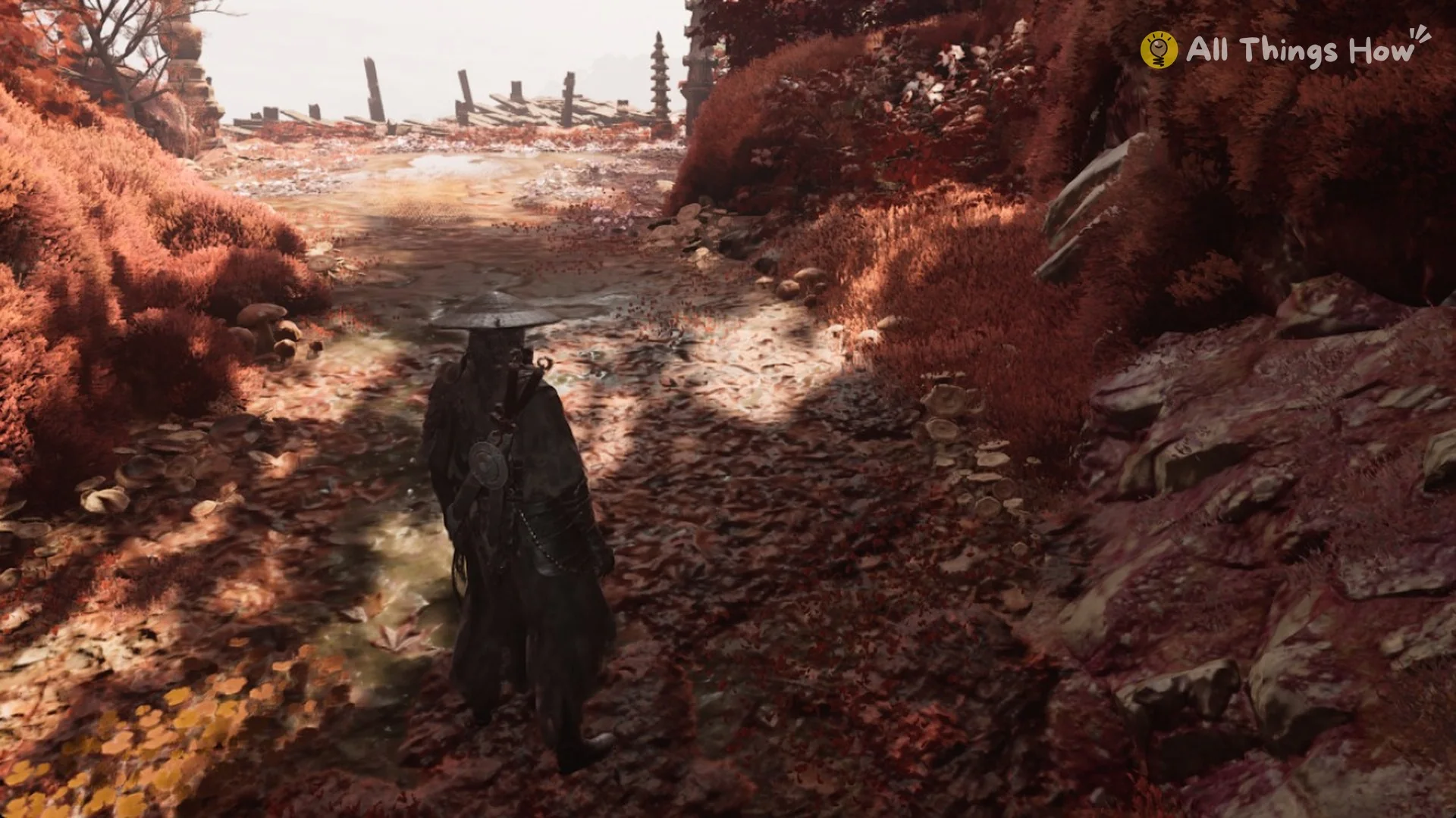 Trail through red leaves above the scratched walls in the Crimson Forest in Phantom Blade Zero