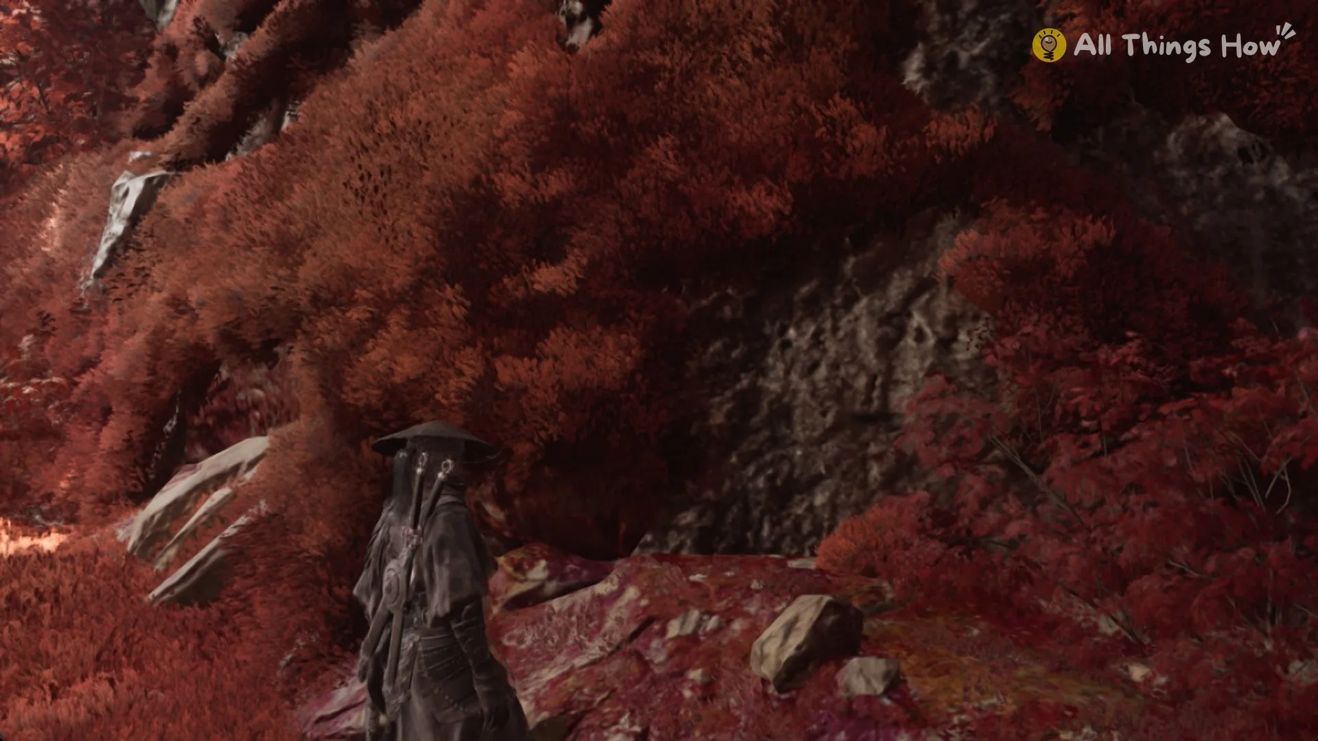 Leaf-covered cliff to go around on the way to the Crimson Forest bell in Phantom Blade Zero