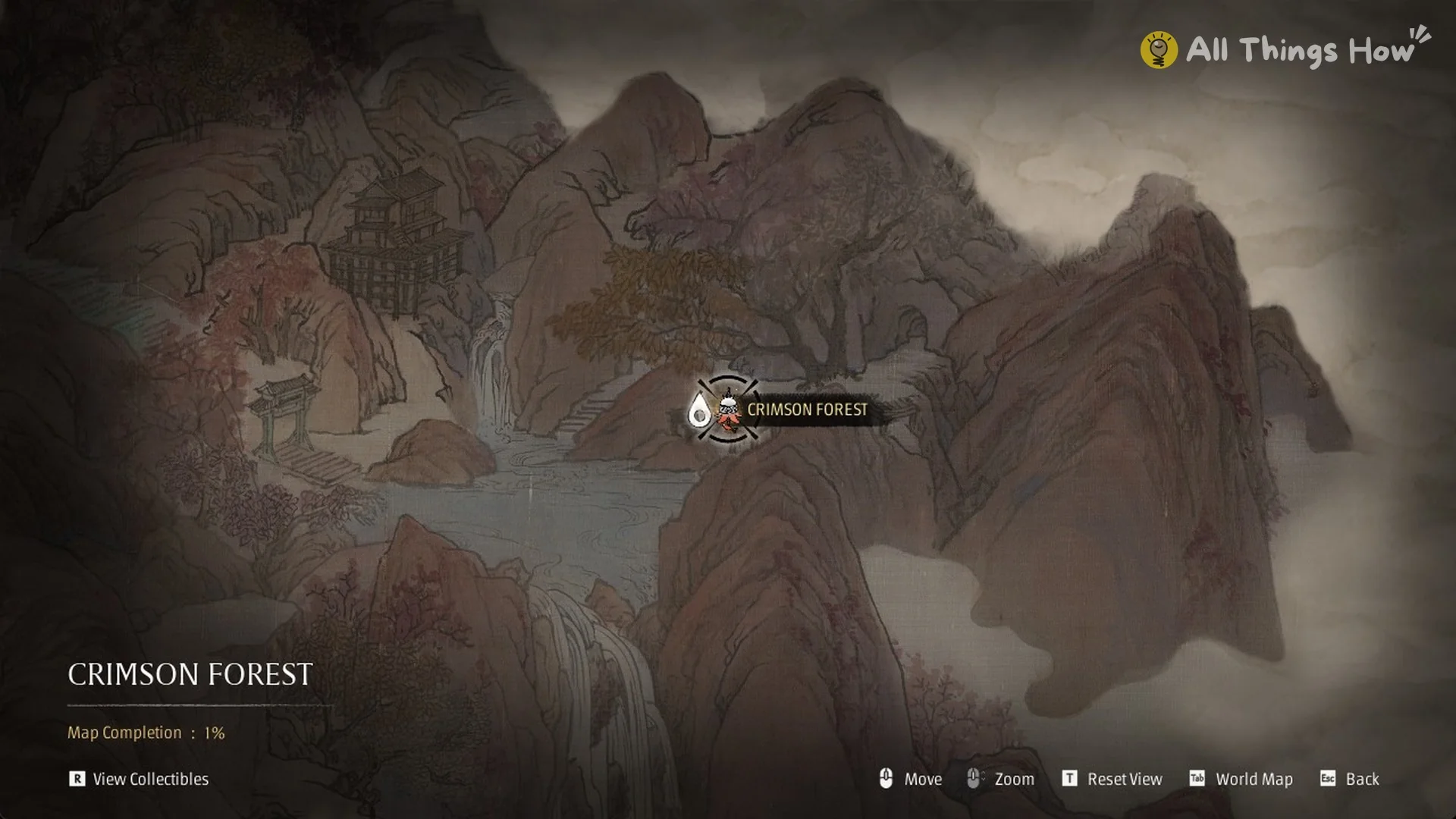 Crimson Forest map with the bell icon at 1 percent Map Completion in Phantom Blade Zero
