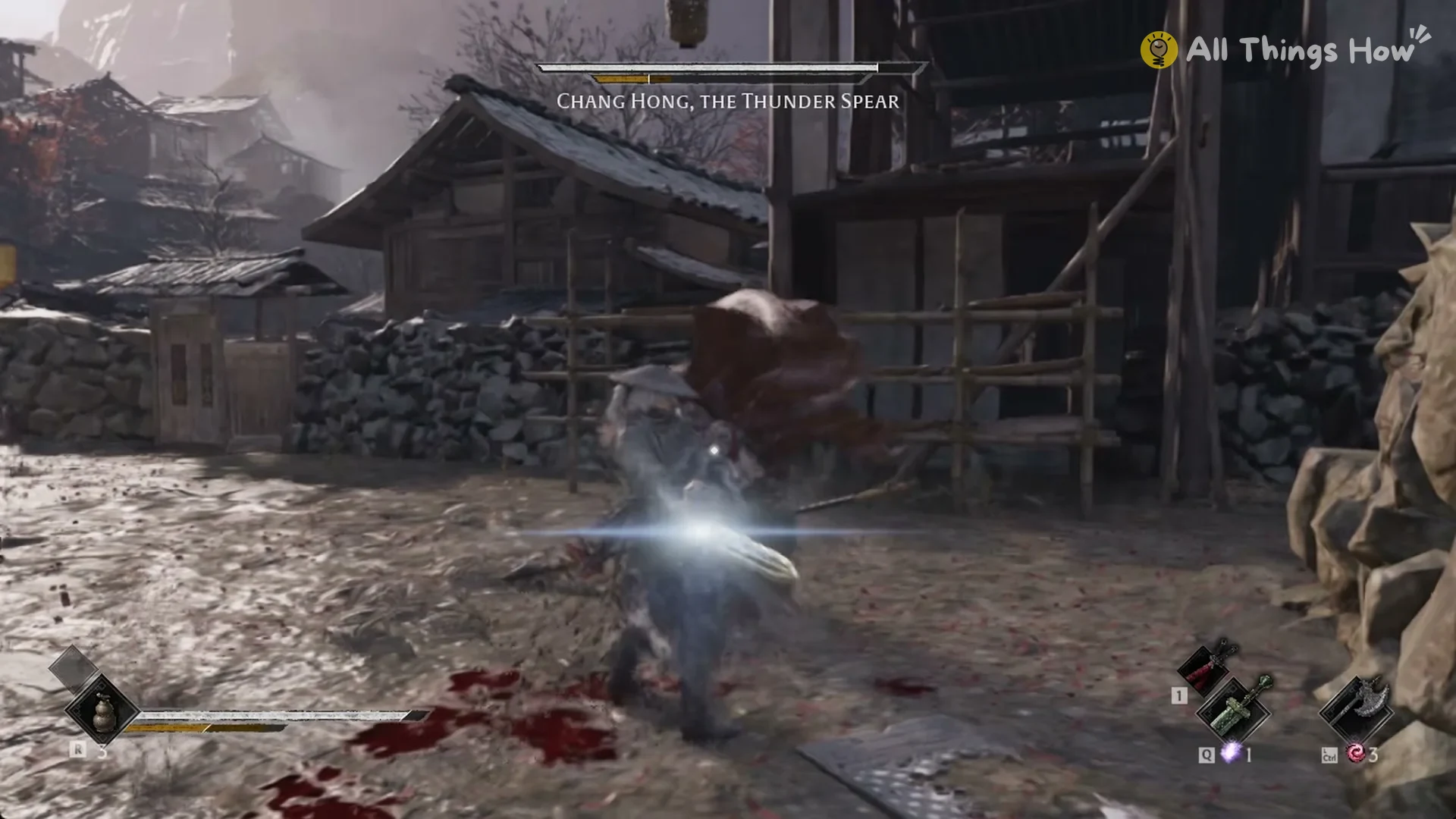 A blue glint on Chang Hong's spear point just before a thrust in Phantom Blade Zero