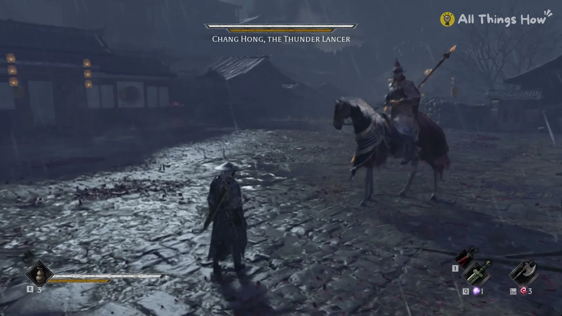 Chang Hong, the Thunder Lancer on horseback facing Soul in the rain in Pangzhen, Phantom Blade Zero