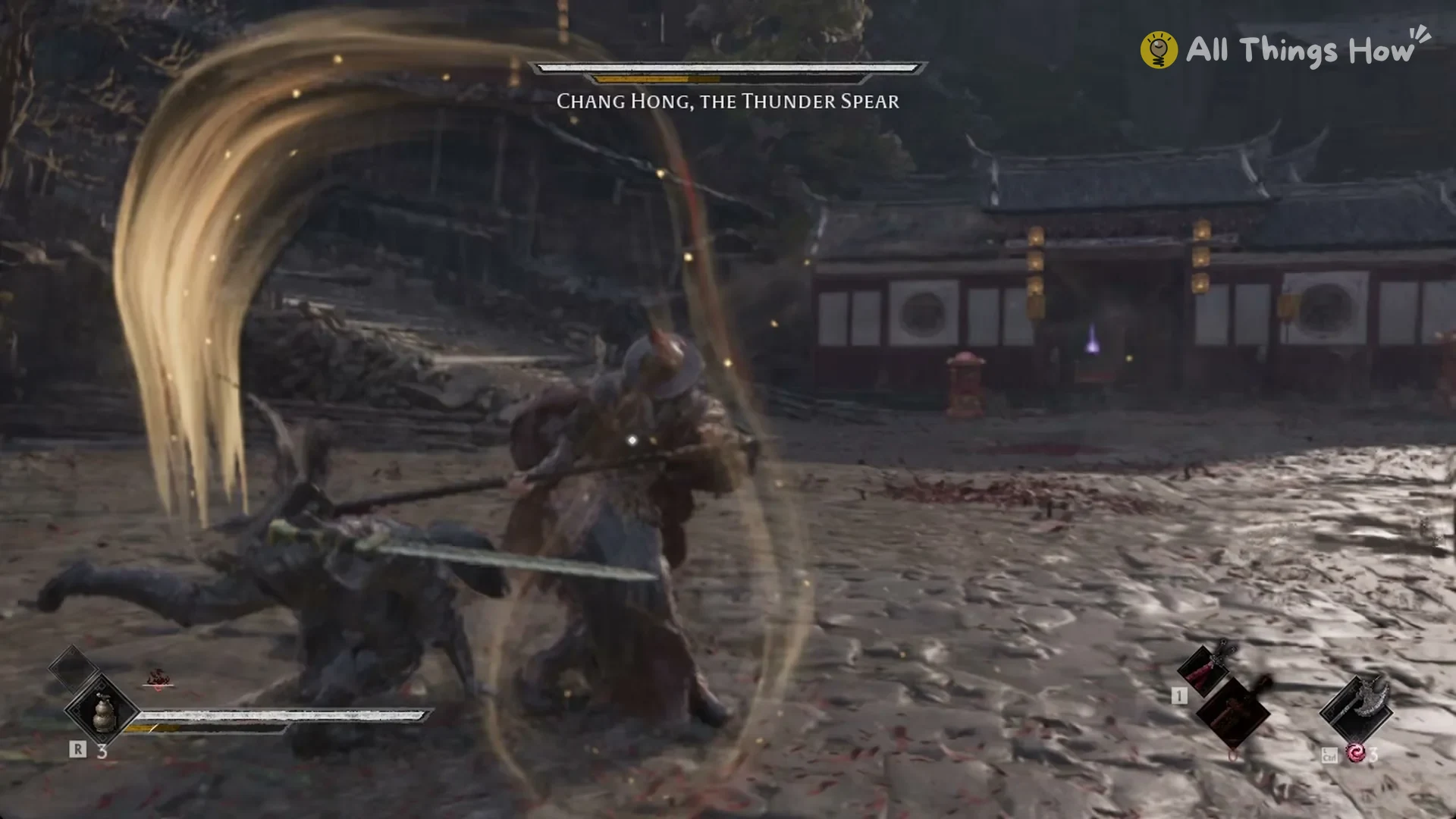 Chang Hong swinging his spear in a wide golden crescent at Soul in Phantom Blade Zero