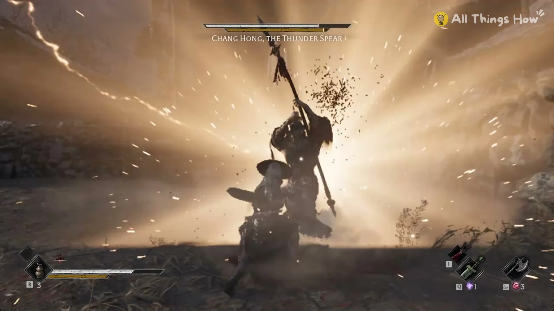 Chang Hong thrusting his spear skyward as lightning bursts around him in Phantom Blade Zero