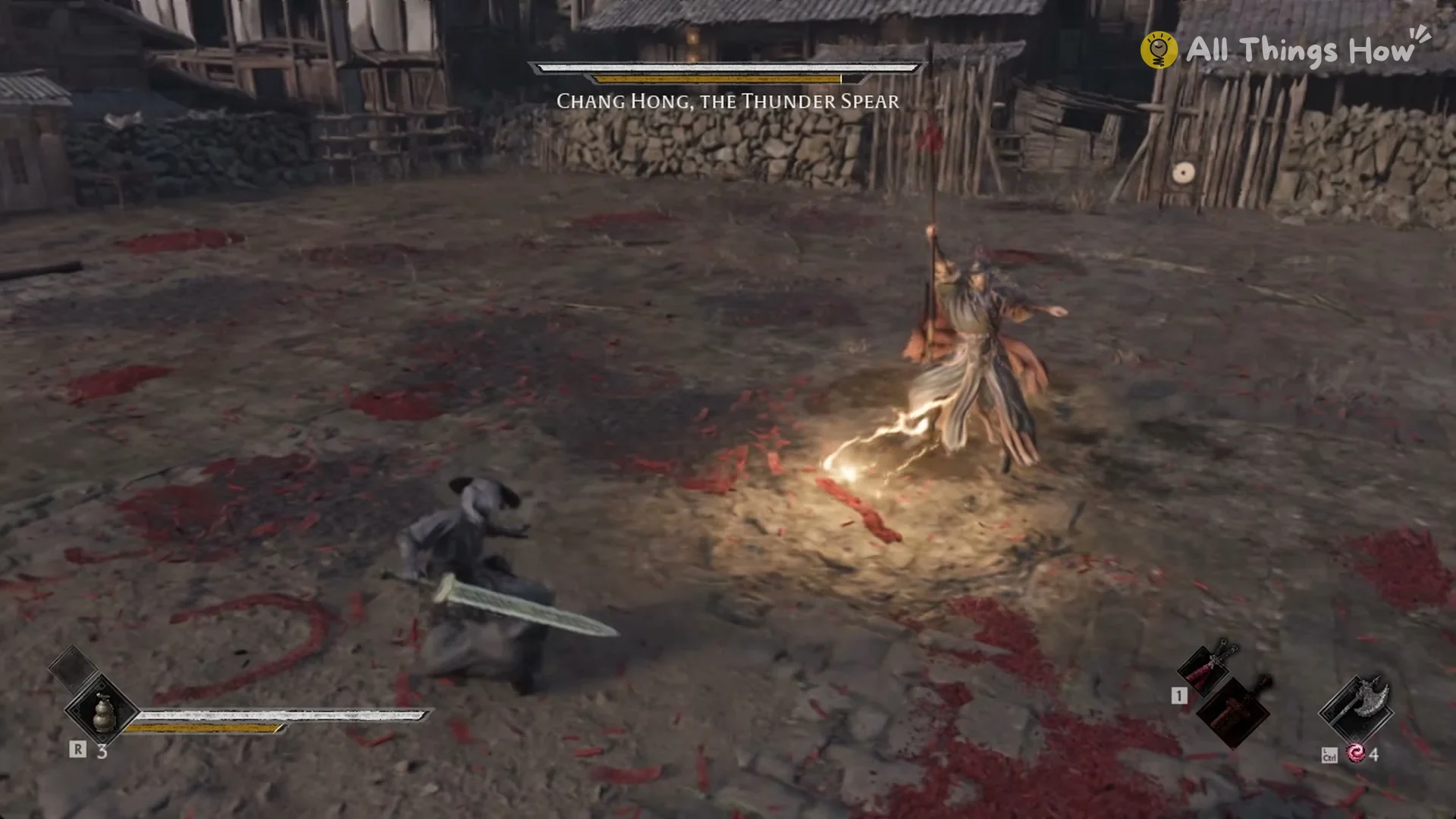 Chang Hong lifting his spear as sparks of lightning gather around his feet in Phantom Blade Zero