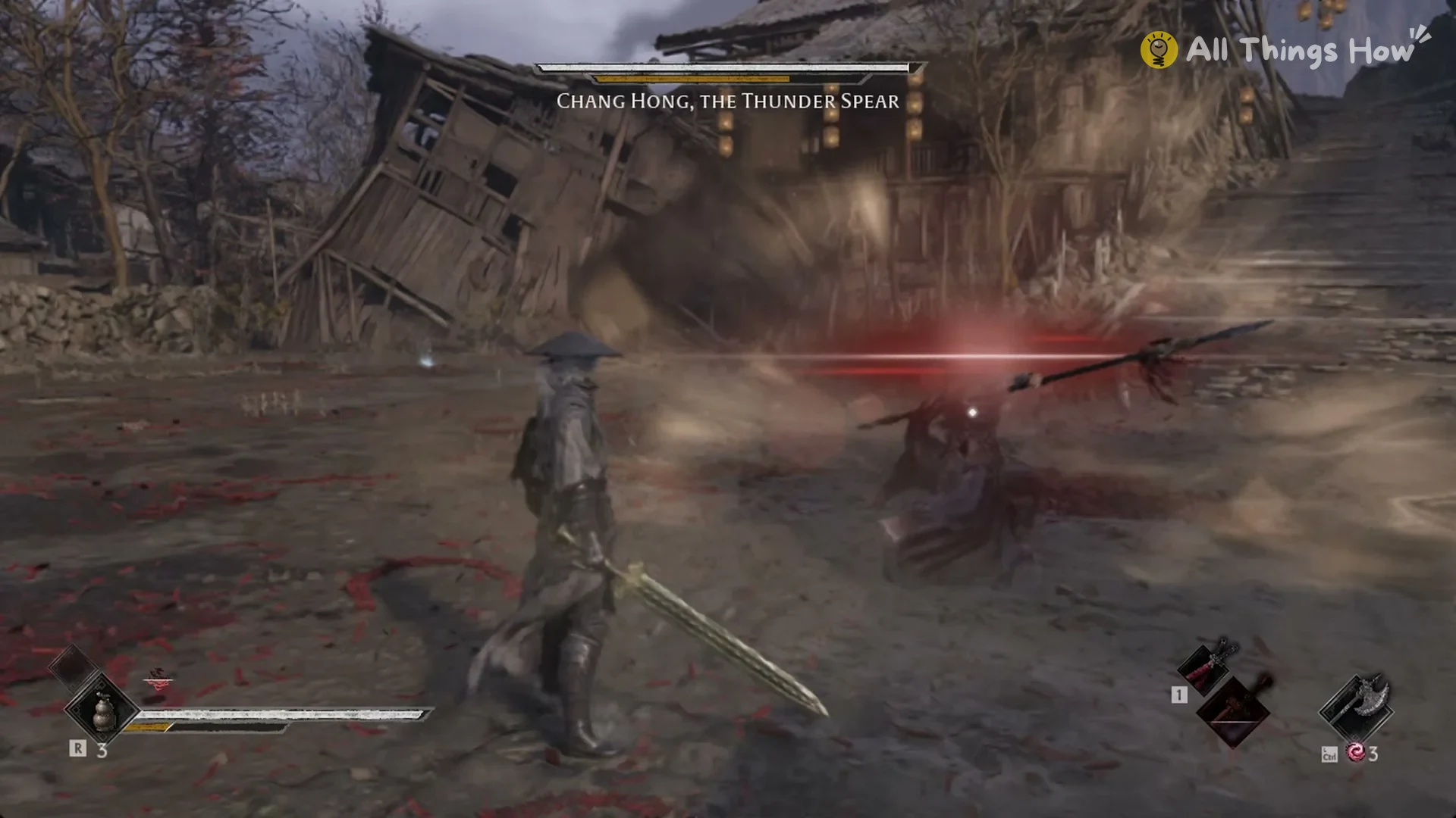 Chang Hong lunging at Soul with a red flash on his spear tip in Phantom Blade Zero