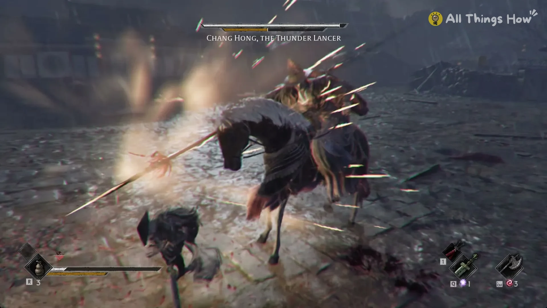 Chang Hong, the Thunder Lancer swinging his lance in a golden arc from horseback in Phantom Blade Zero