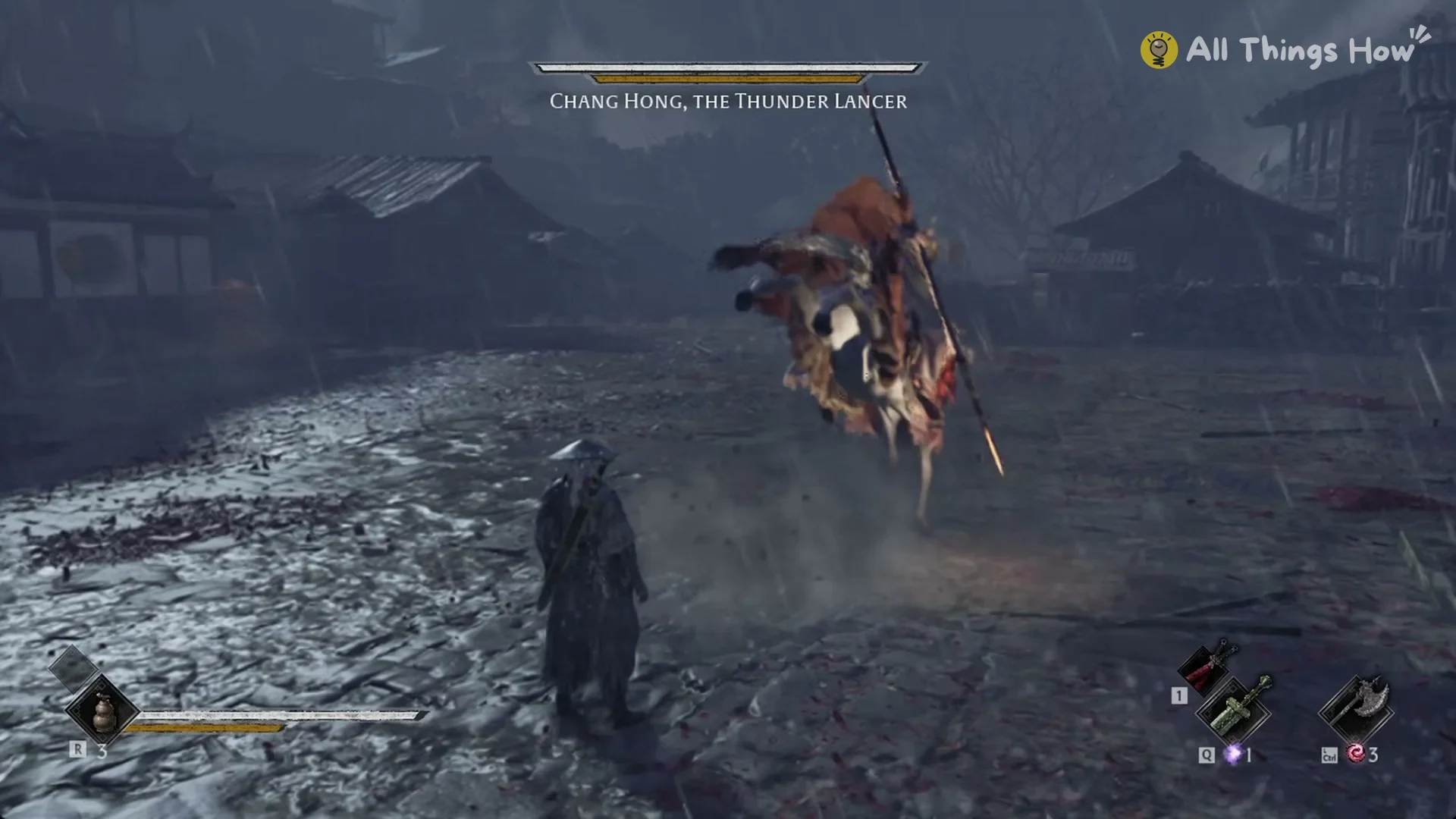 Chang Hong, the Thunder Lancer leaping his horse into the air in the rain in Phantom Blade Zero