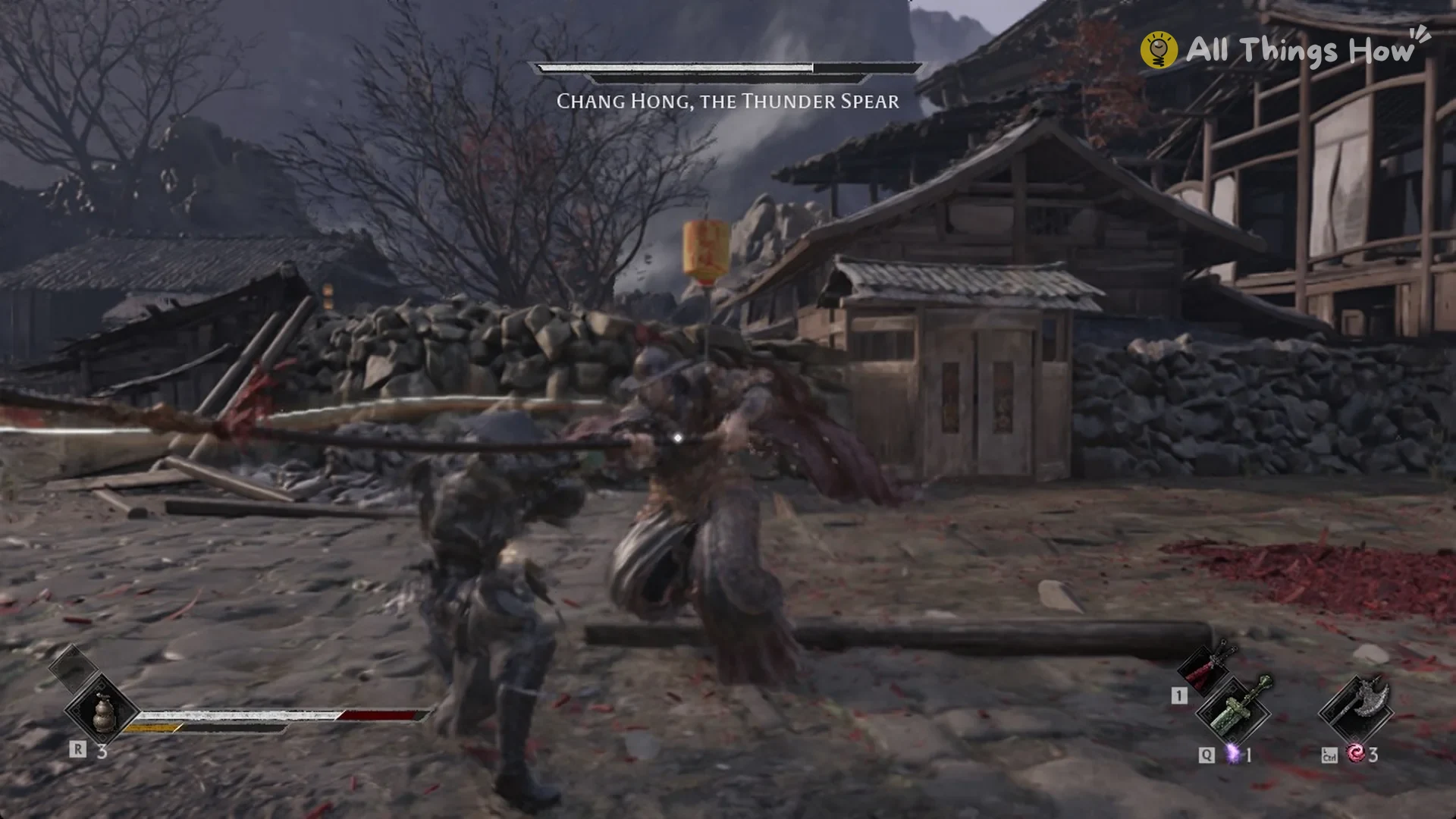 Chang Hong, the Thunder Spear thrusting his spear at Soul in the backstreet square of Pangzhen, Phantom Blade Zero