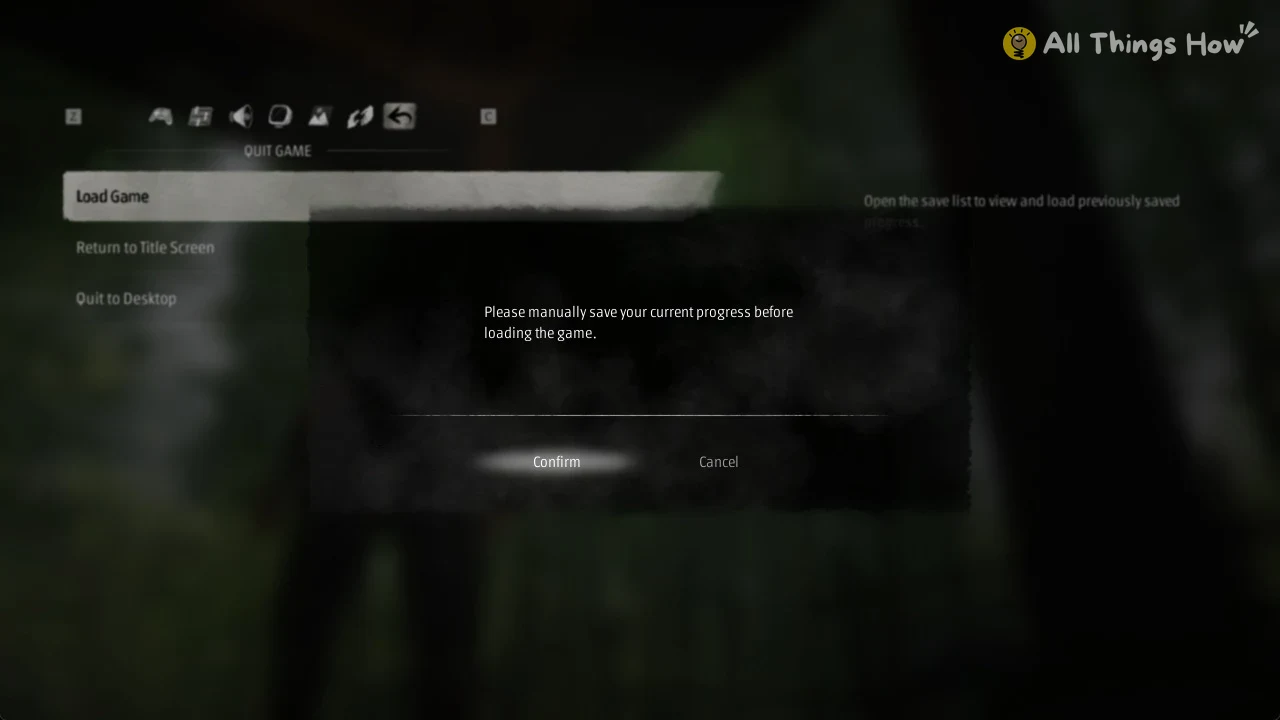 Quit Game menu with a dark popup asking to save progress before loading, with Confirm and Cancel buttons.
