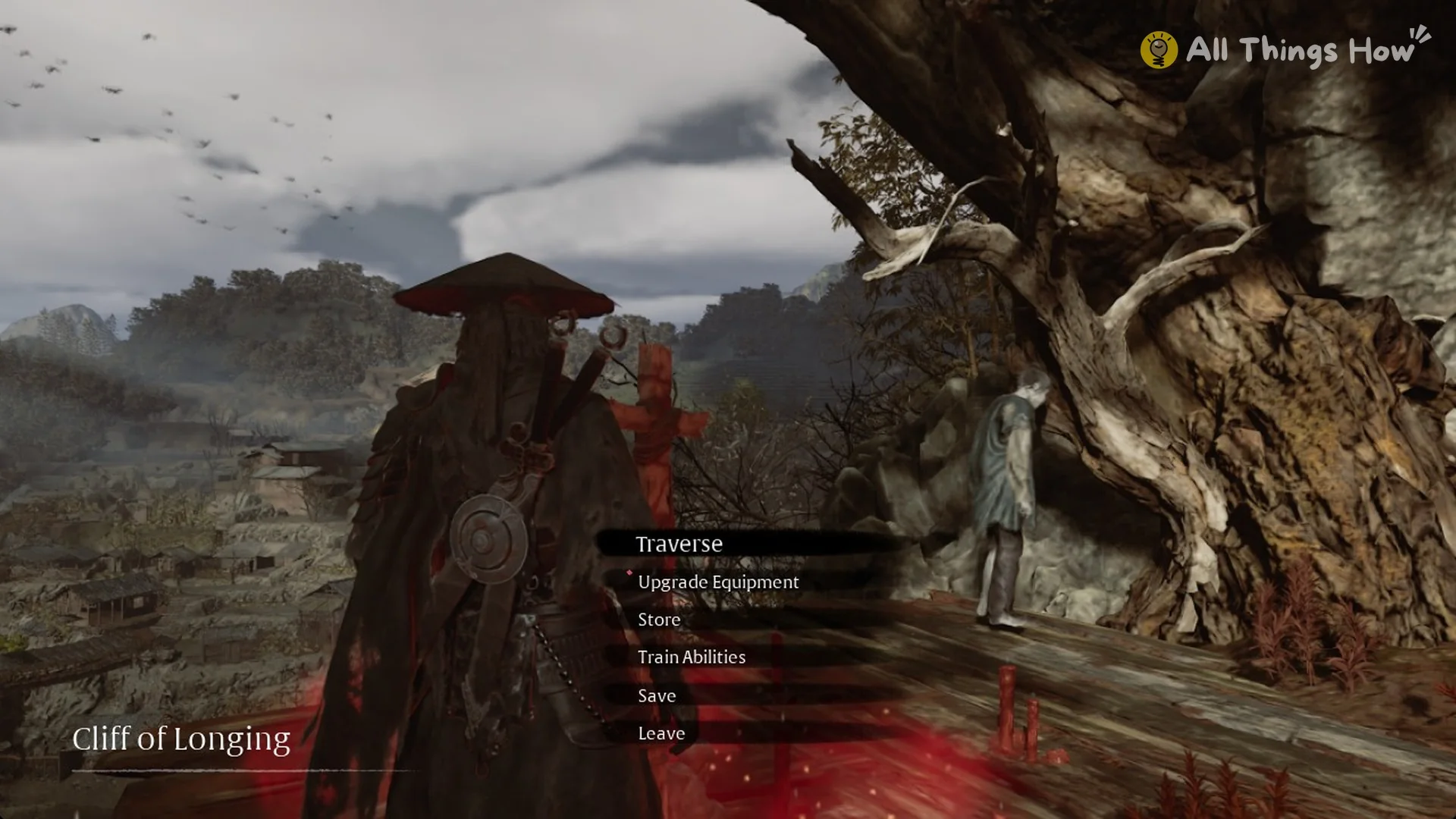 Cliff of Longing bell menu with Traverse, Upgrade Equipment, Store, Train Abilities, Save and Leave in Phantom Blade Zero