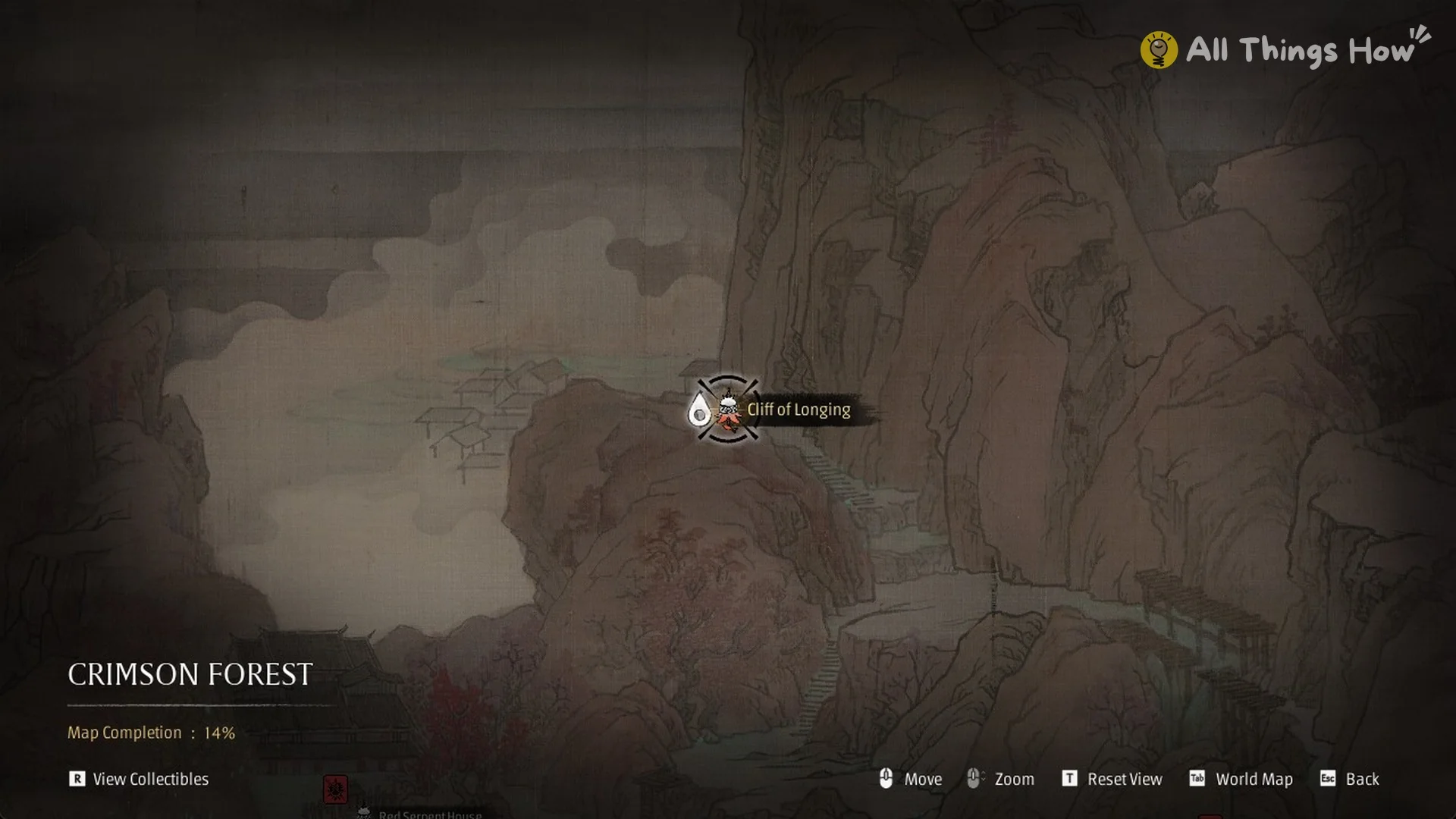 Map with the Cliff of Longing pin and Crimson Forest Map Completion 14% in Phantom Blade Zero