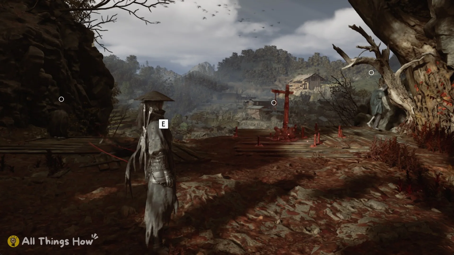 Soul walking to the red wooden cross of the Cliff of Longing bell by the old tree in Phantom Blade Zero