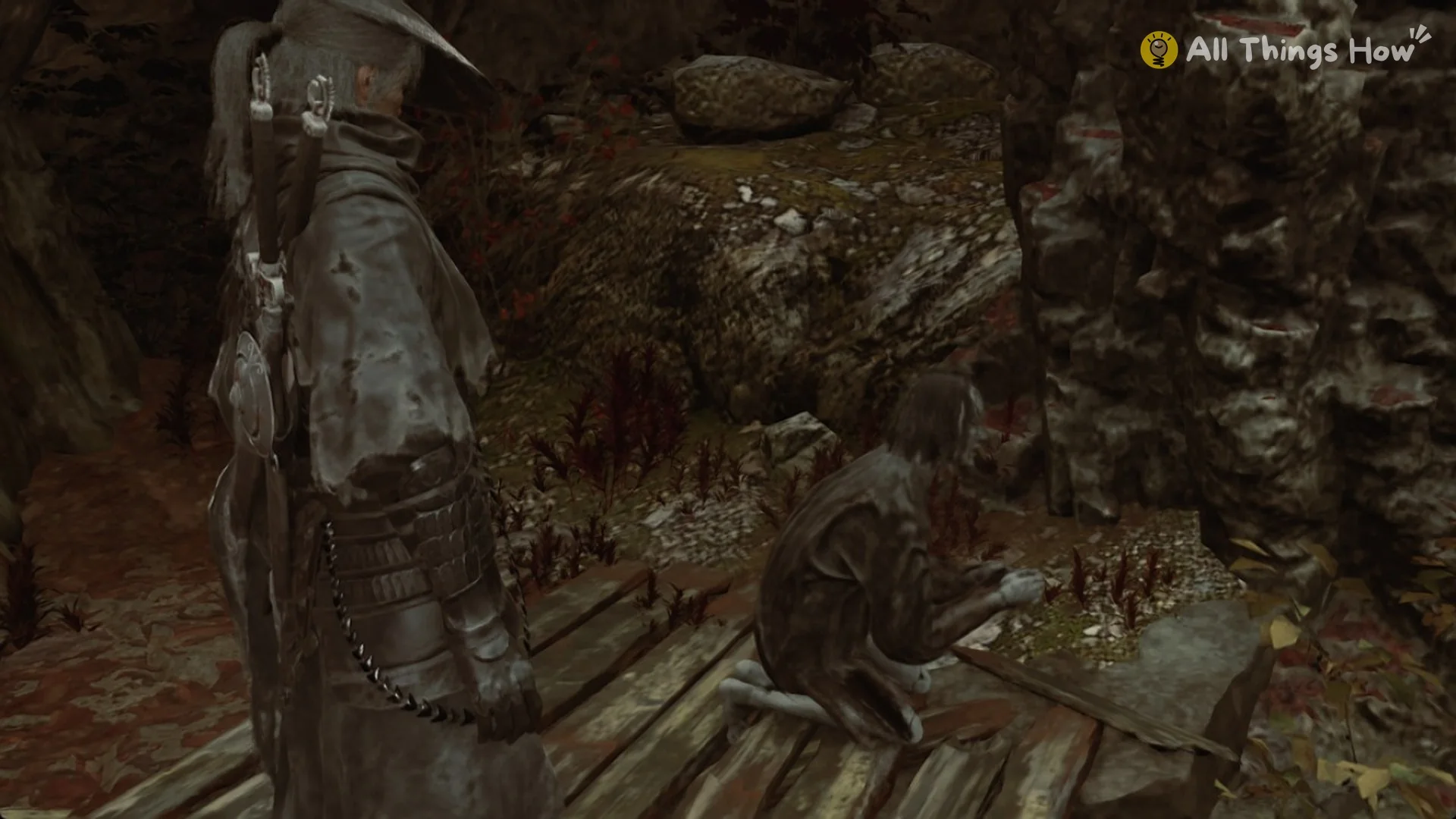 The Slumped Puppet kneeling on the planks beside the Cliff of Longing bell in Phantom Blade Zero