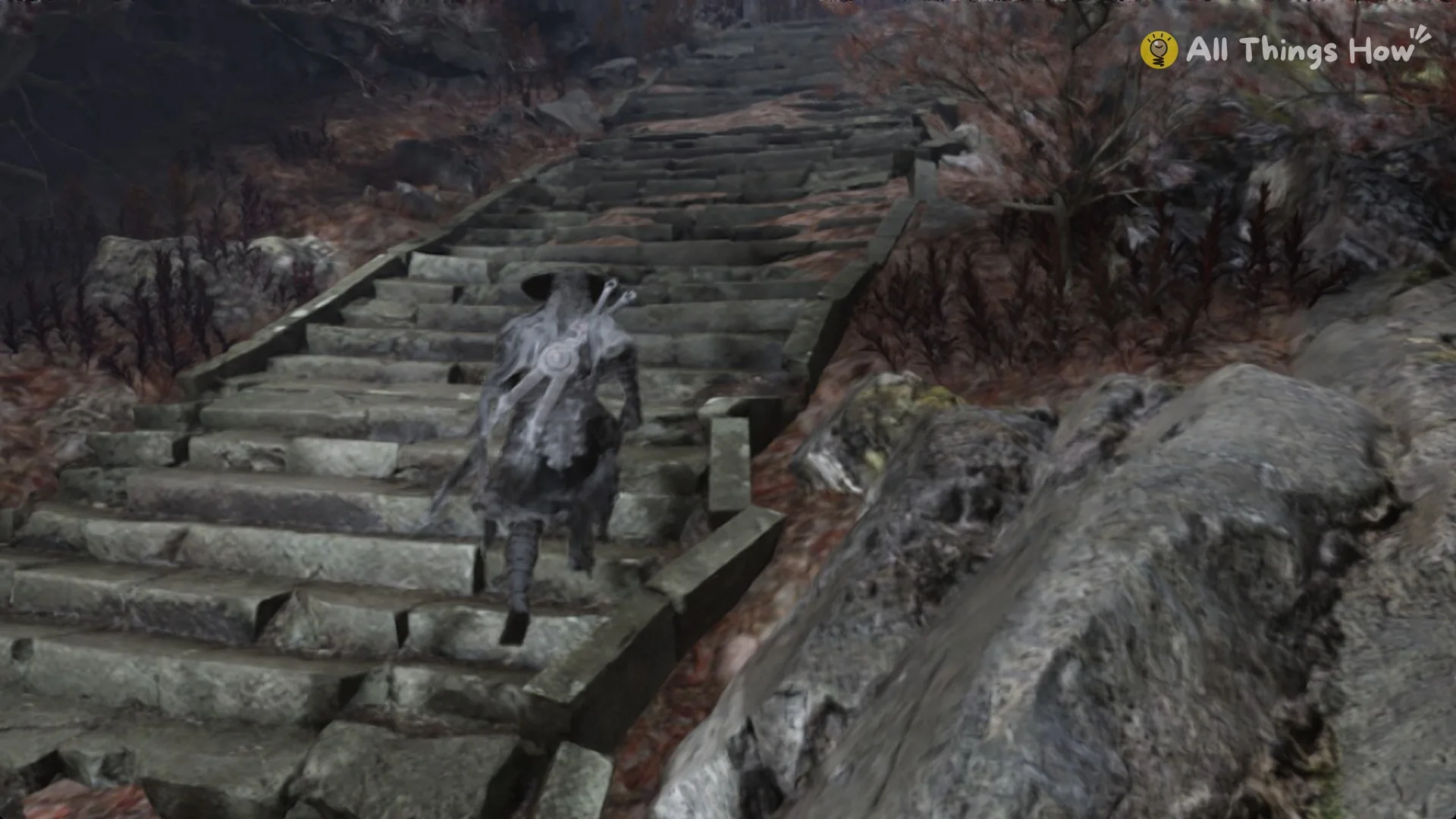 Soul climbing the long stone stairway up the hill from the plateau in Crimson Forest, Phantom Blade Zero