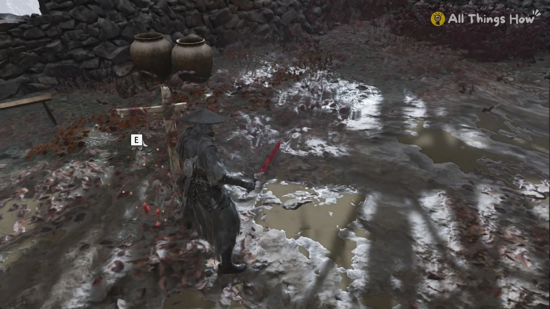 The Cliffside Lodge bell wooden cross by two clay jars with the E prompt in Phantom Blade Zero